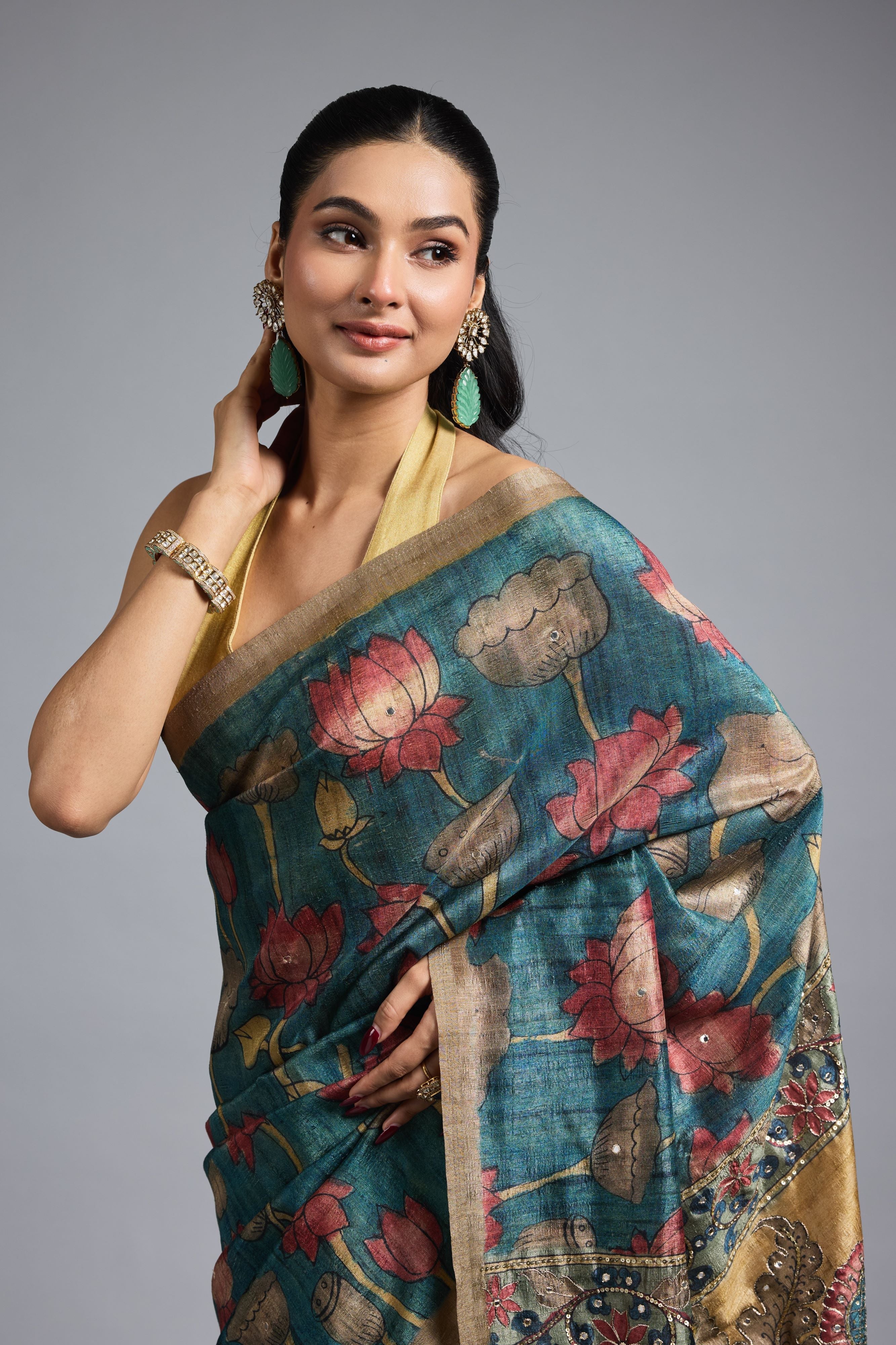 Olive Green Bhagalpuri Tussar Silk Saree