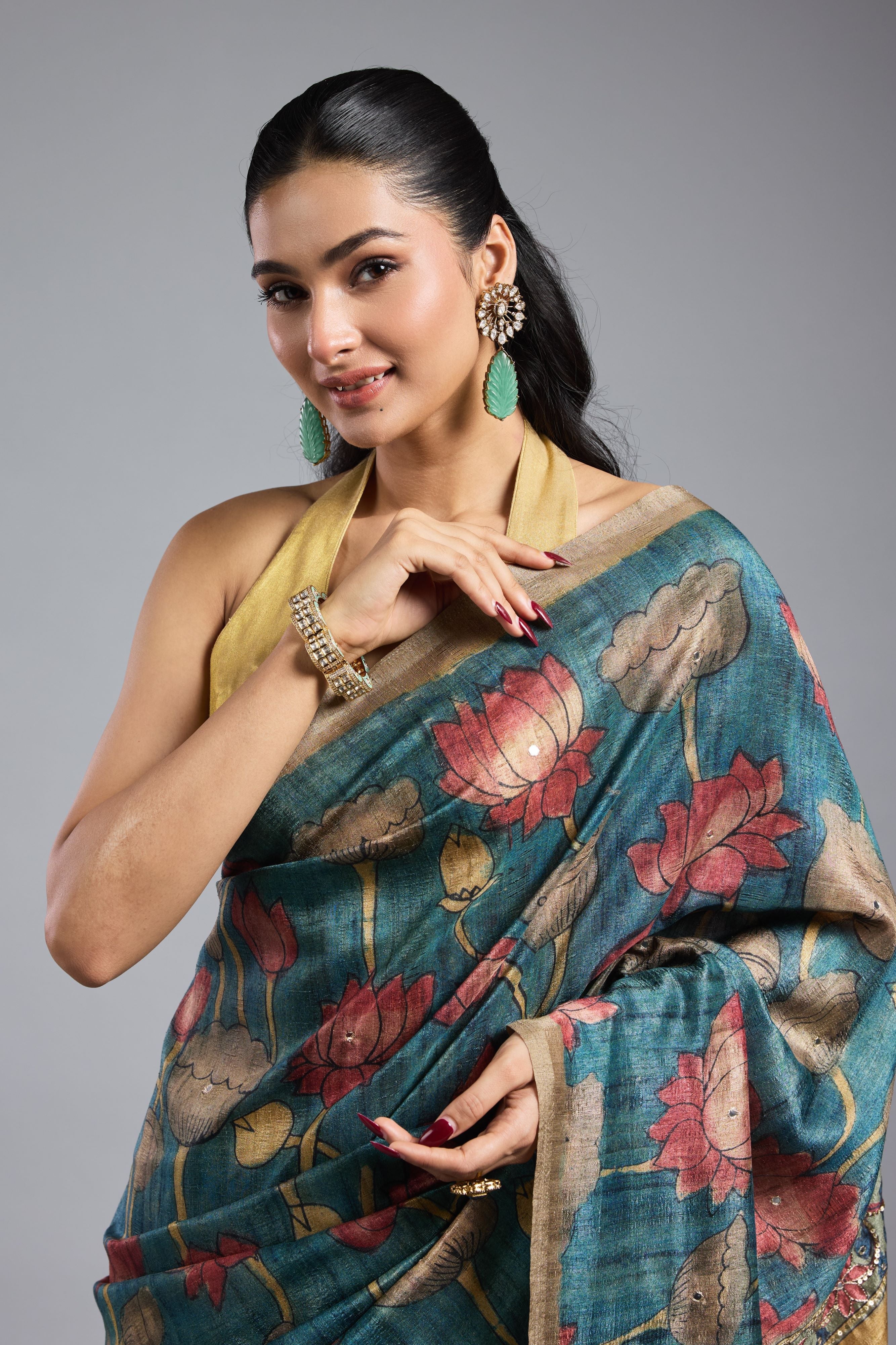 Olive Green Bhagalpuri Tussar Silk Saree