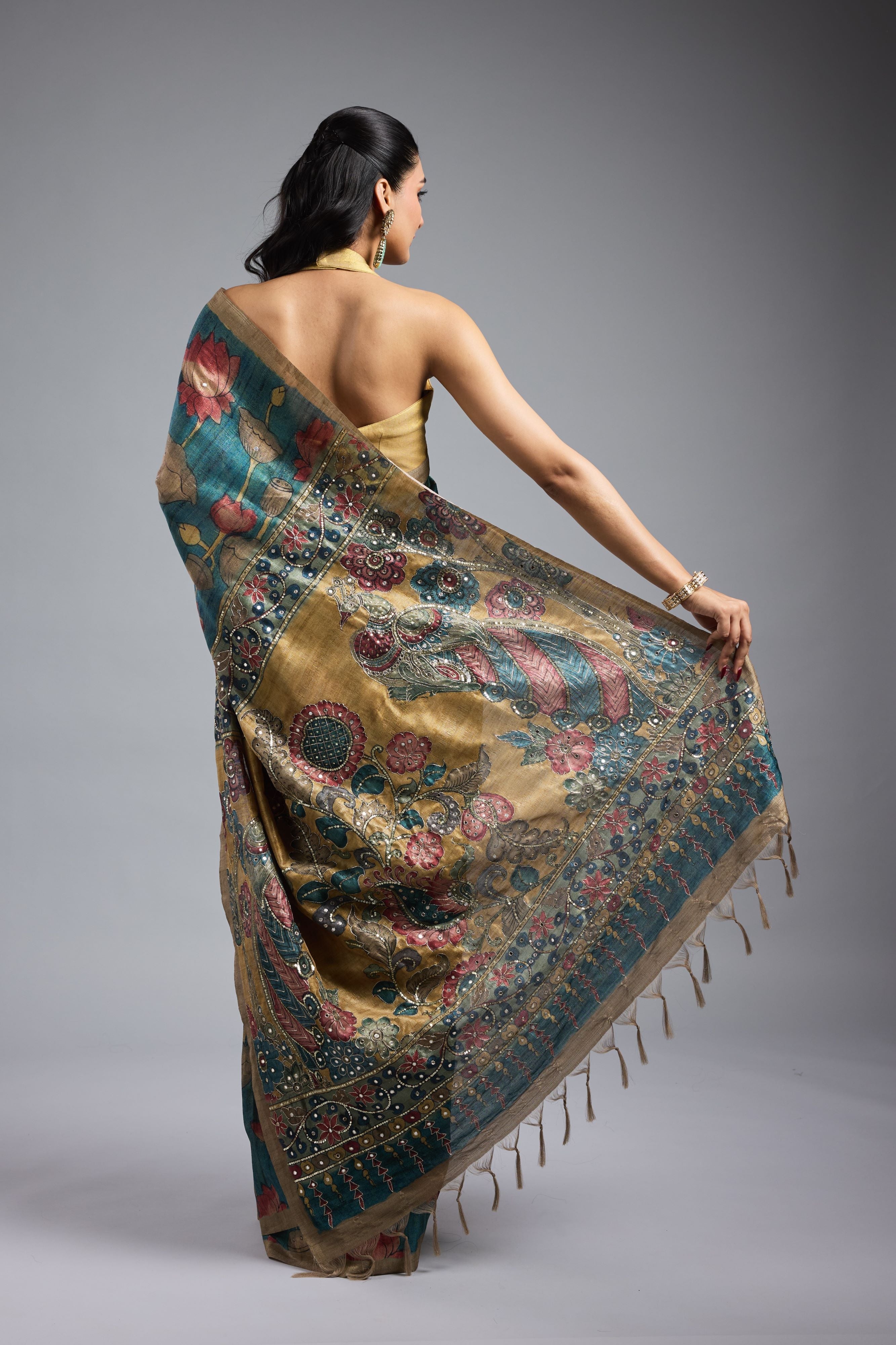Olive Green Bhagalpuri Tussar Silk Saree