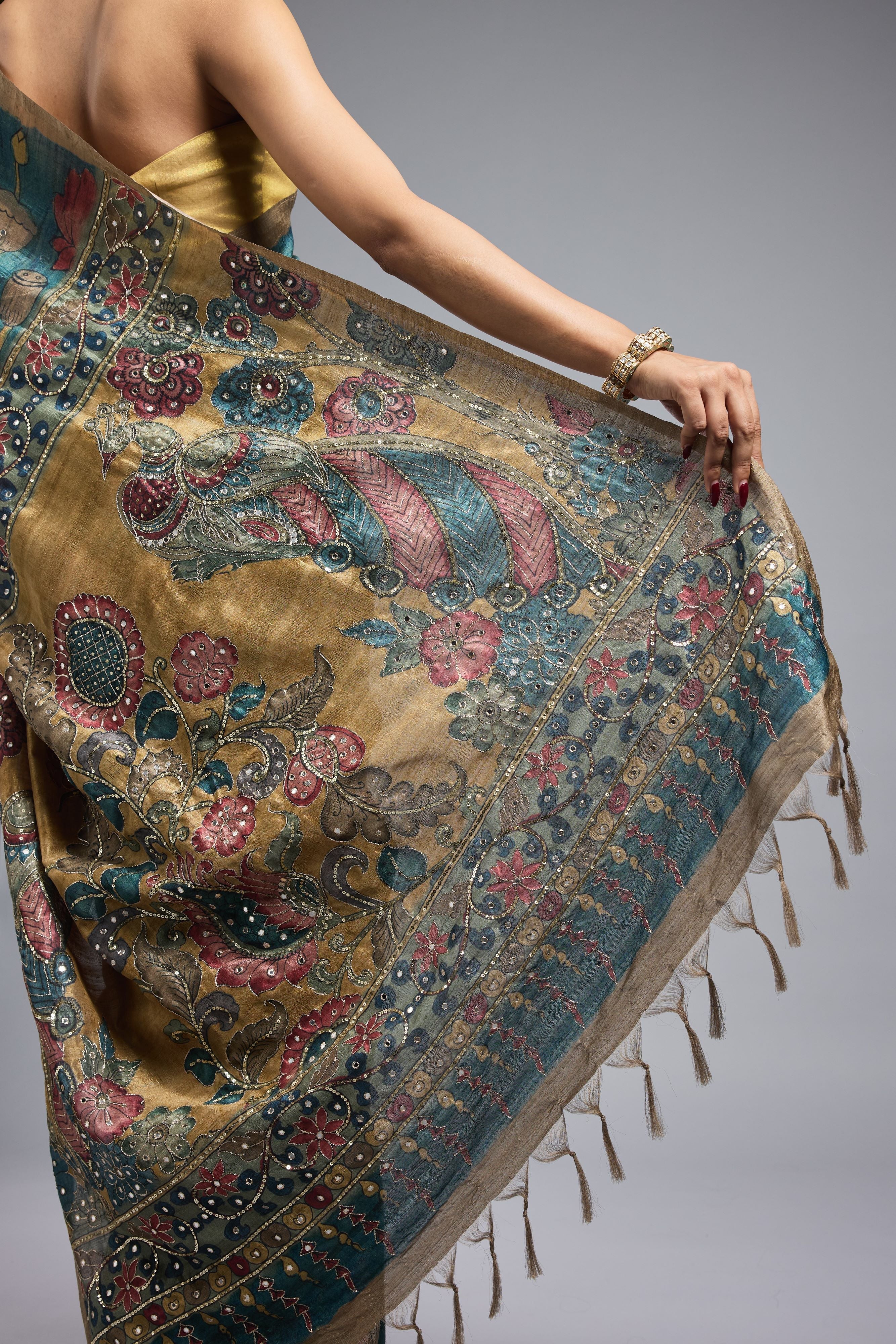 Olive Green Bhagalpuri Tussar Silk Saree