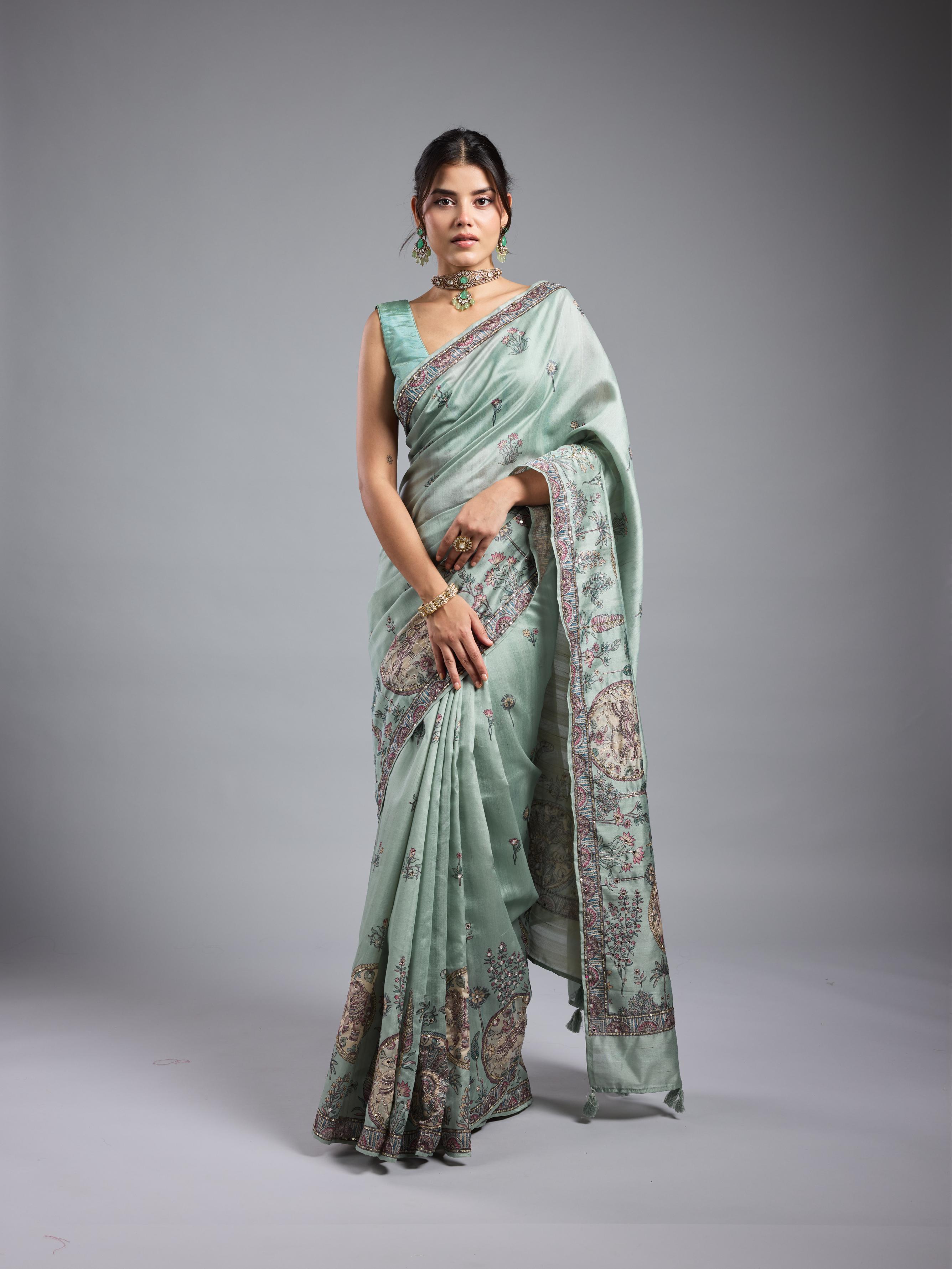 Light Teal Kalamkari Bhagalpuri Tussar Silk Saree