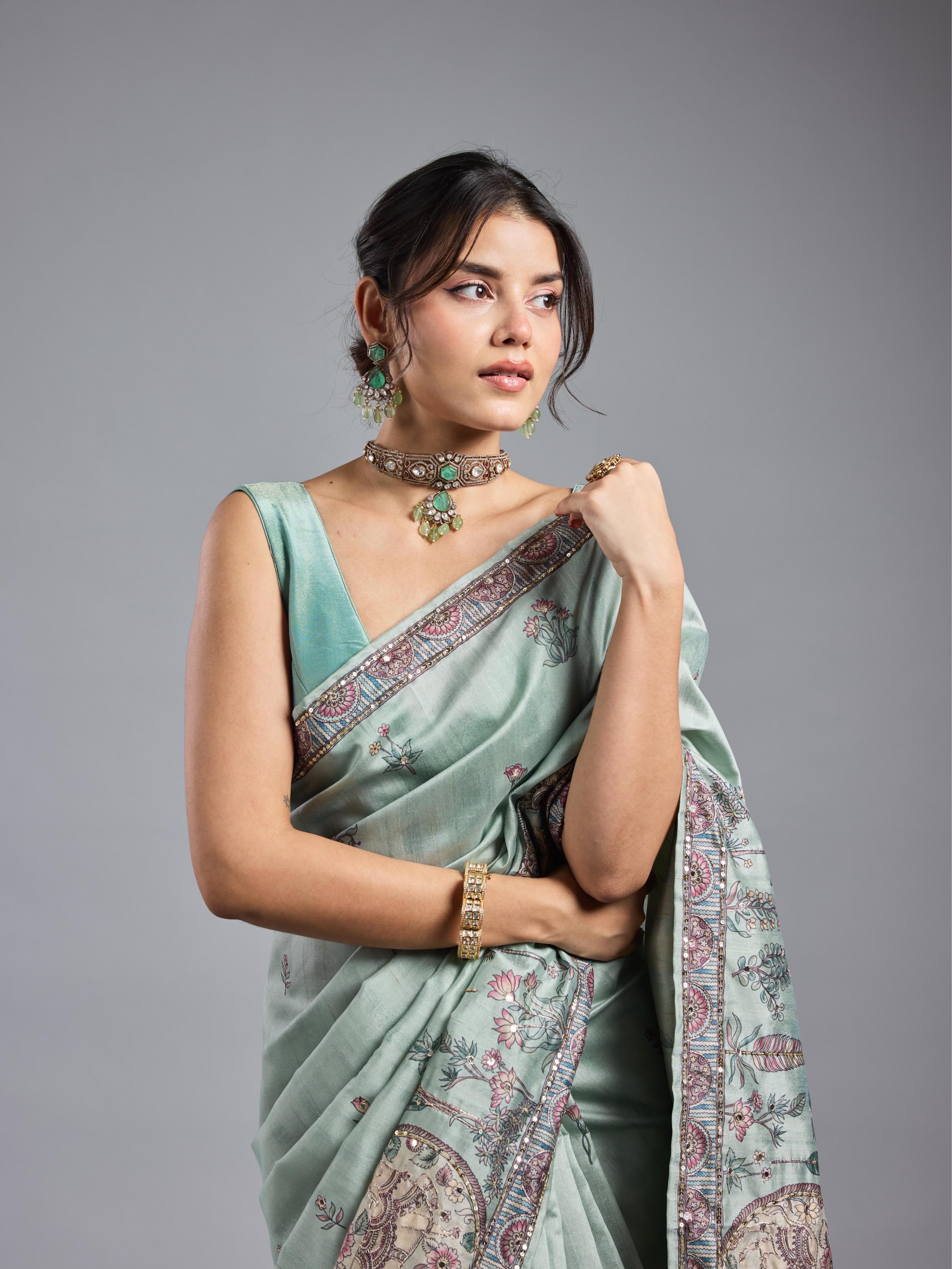 Light Teal Kalamkari Bhagalpuri Tussar Silk Saree