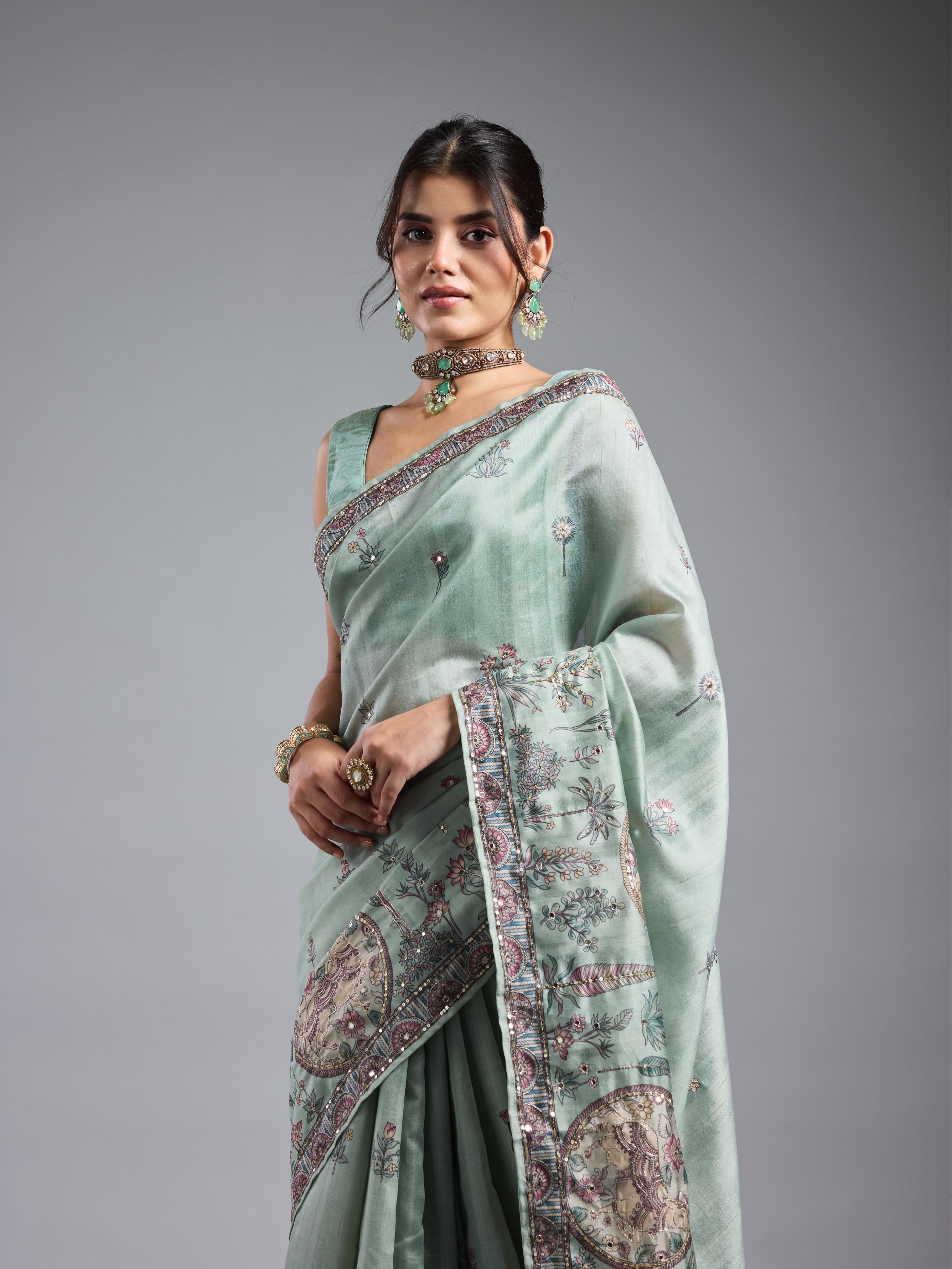 Light Teal Kalamkari Bhagalpuri Tussar Silk Saree