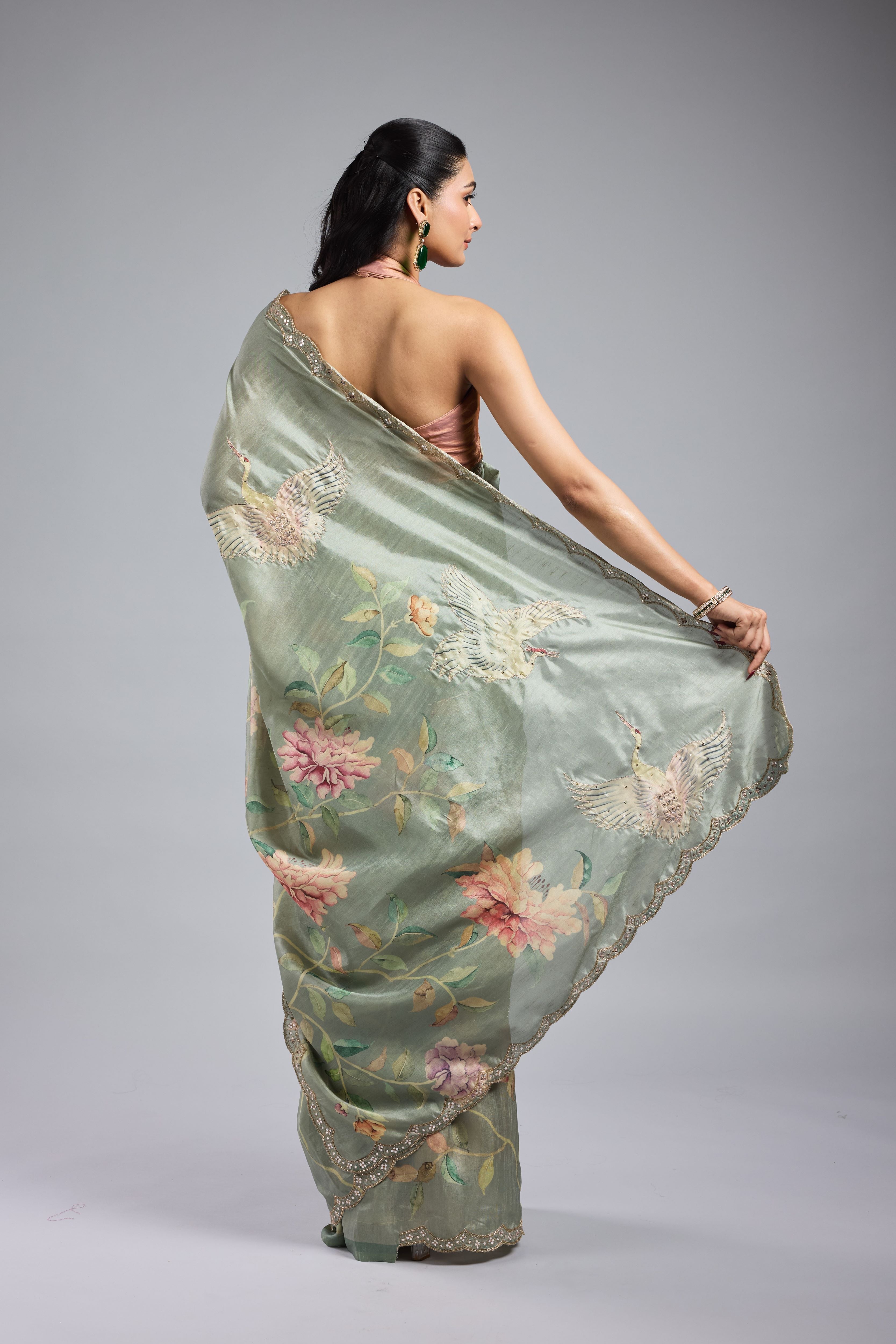 Green Printed Bhagalpuri Tussar Silk Saree