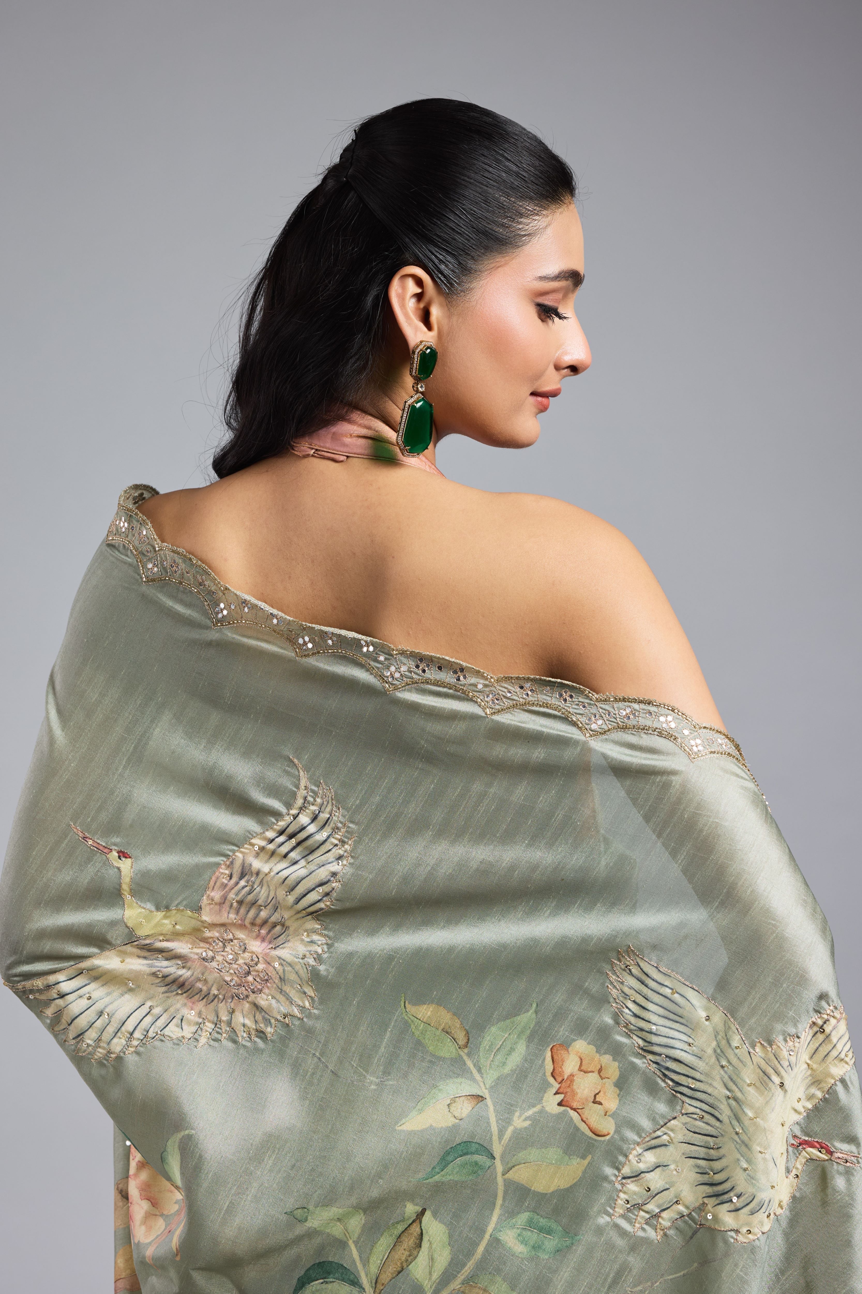 Green Printed Bhagalpuri Tussar Silk Saree