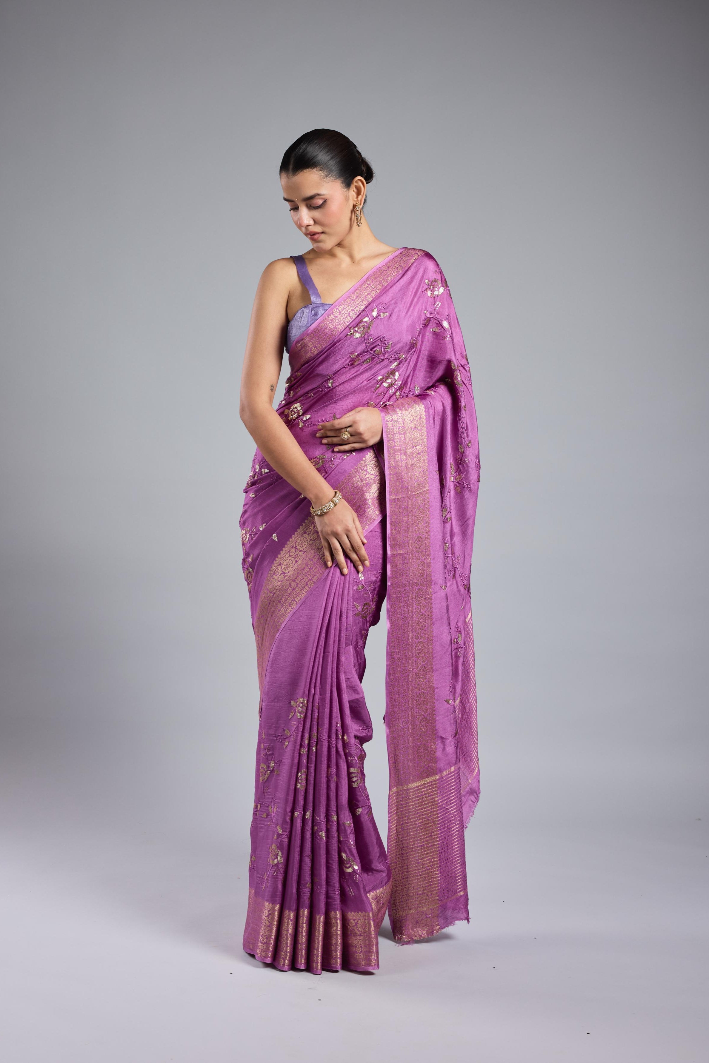 Lilac Embellished Russian Silk Saree