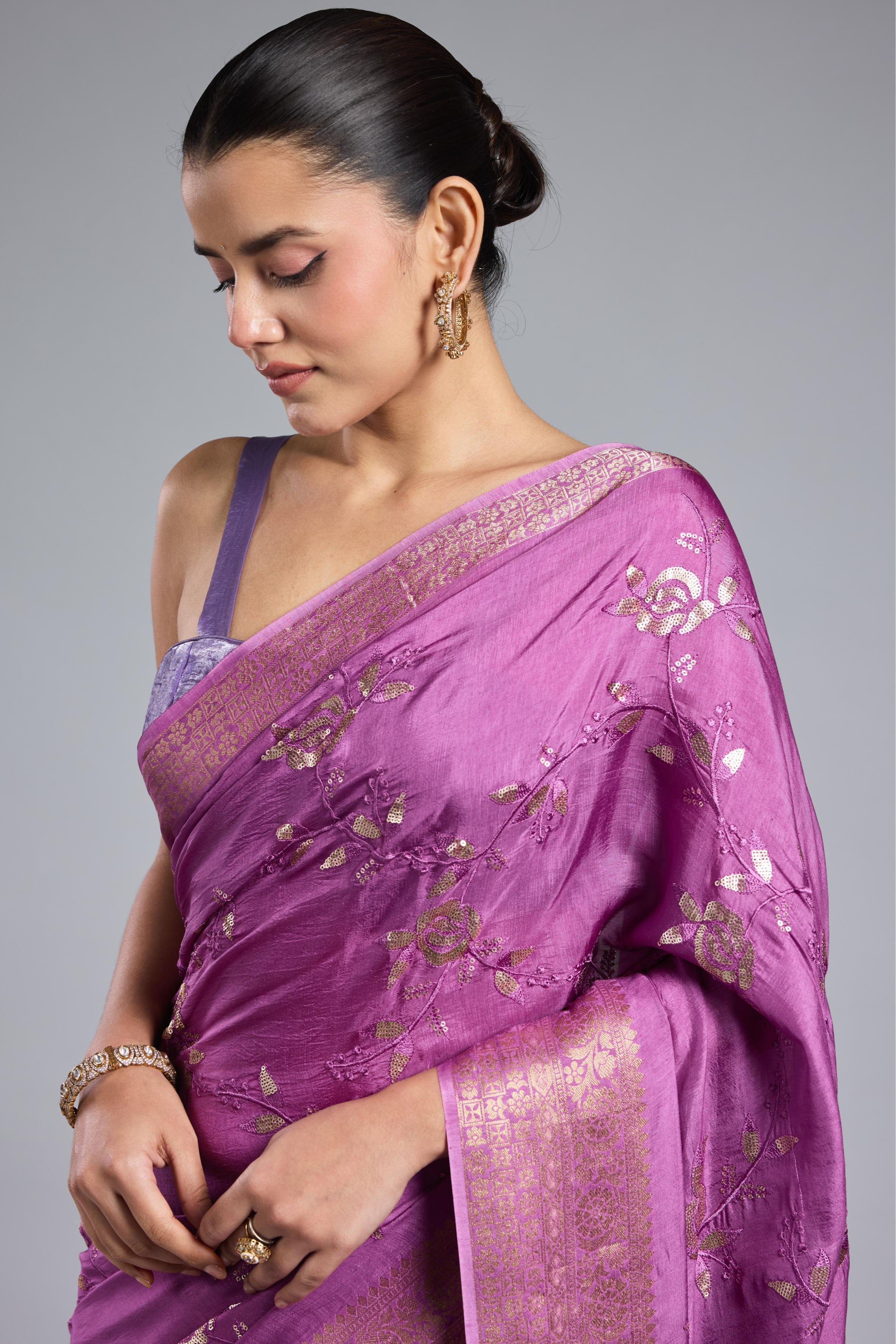 Lilac Embellished Russian Silk Saree