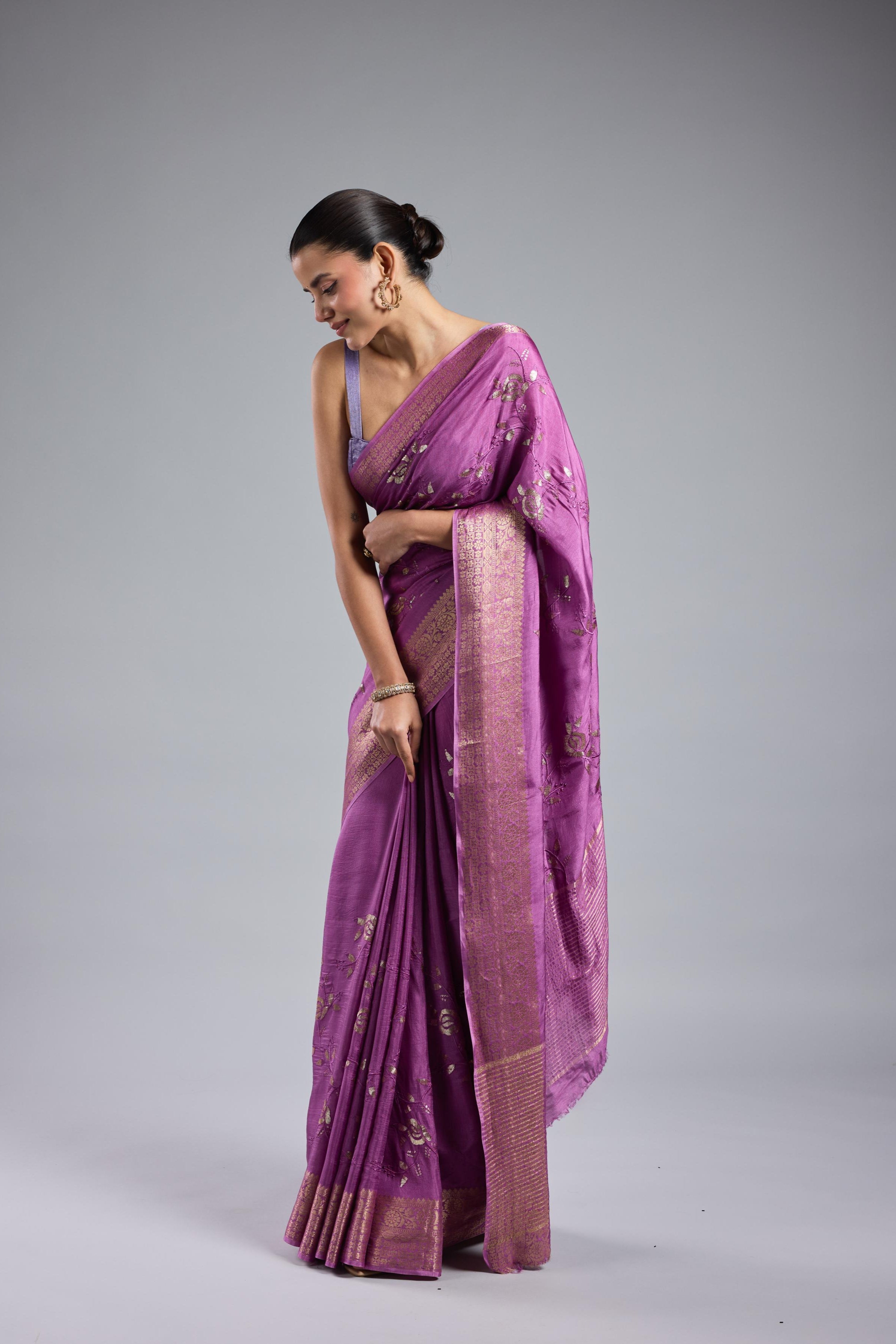 Lilac Embellished Russian Silk Saree