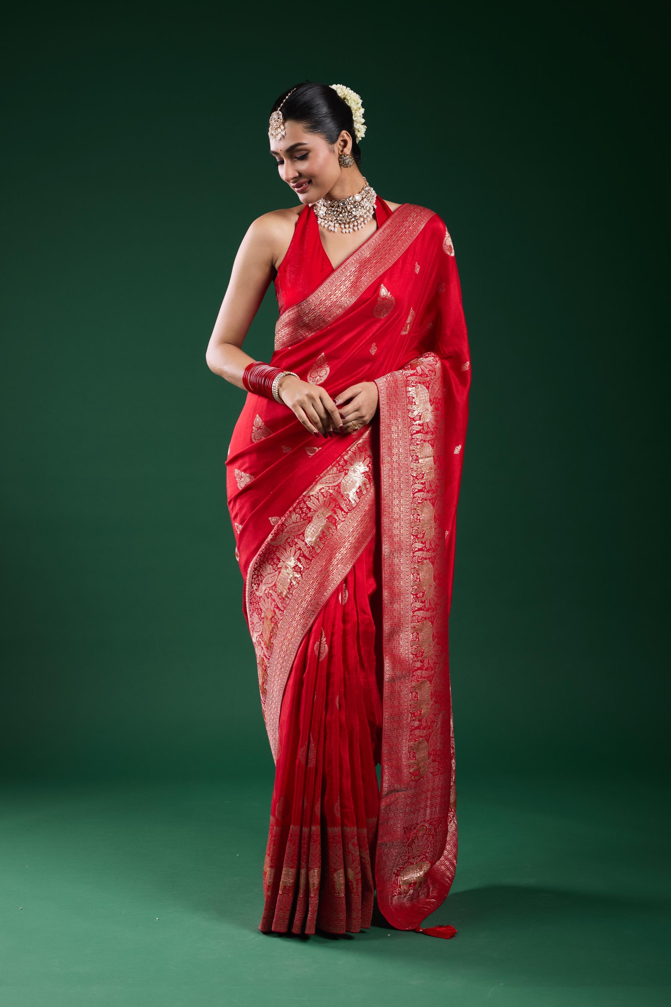 Bright Red Dola Silk Saree