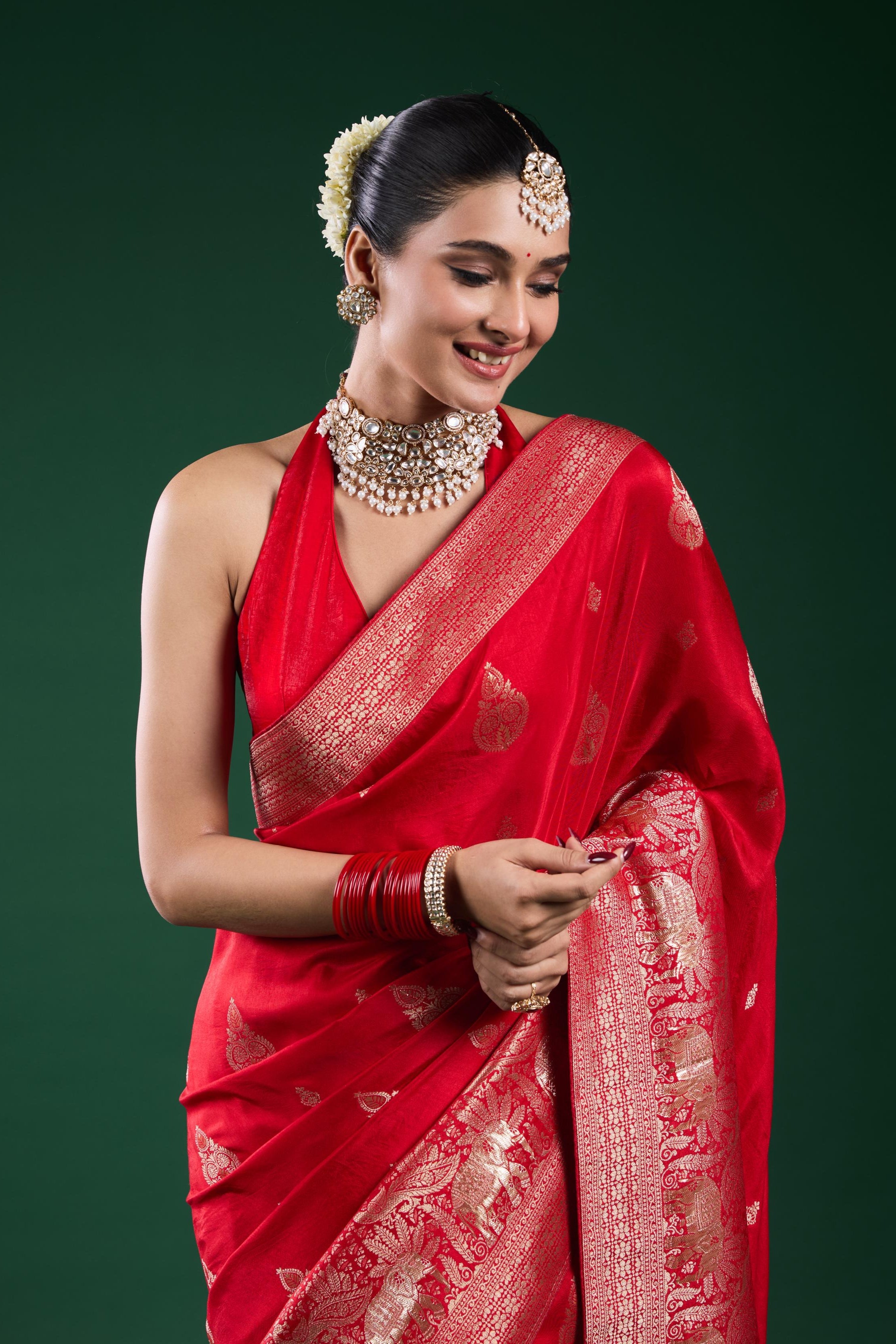 Bright Red Dola Silk Saree