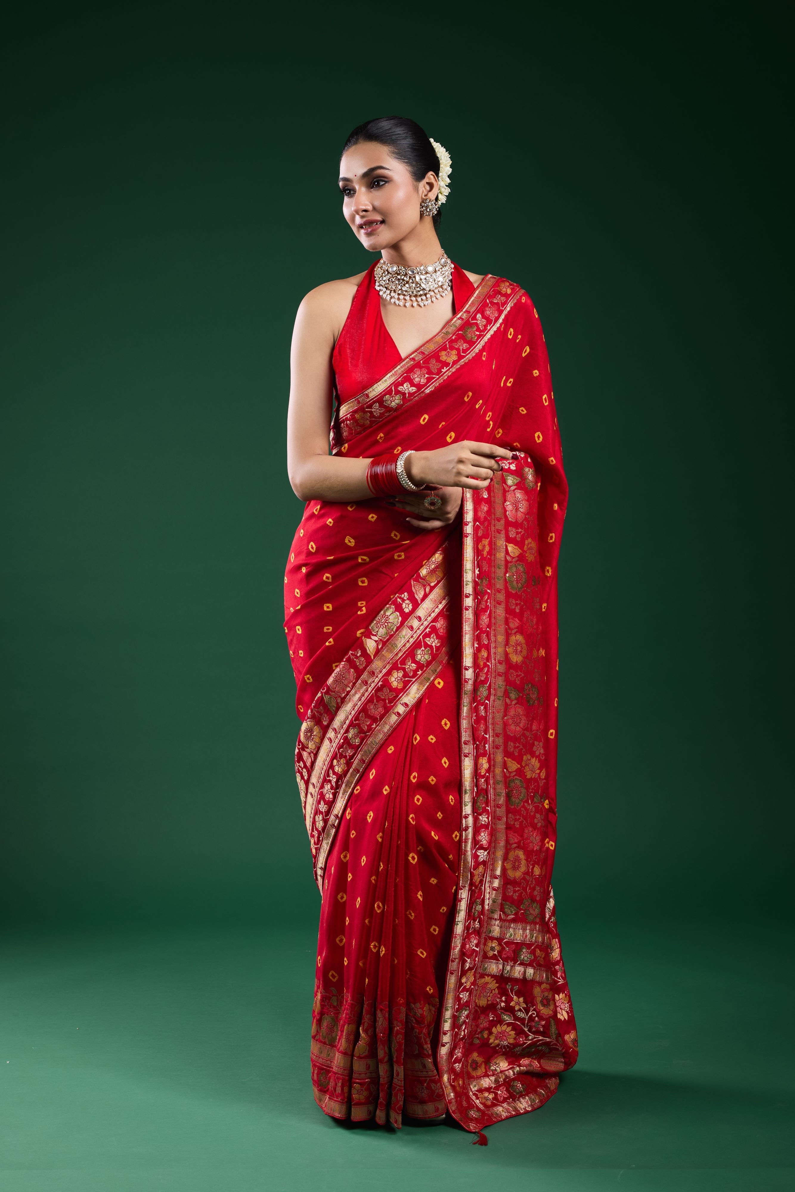 Royal Scarlet Bandhani Dola Silk Saree
