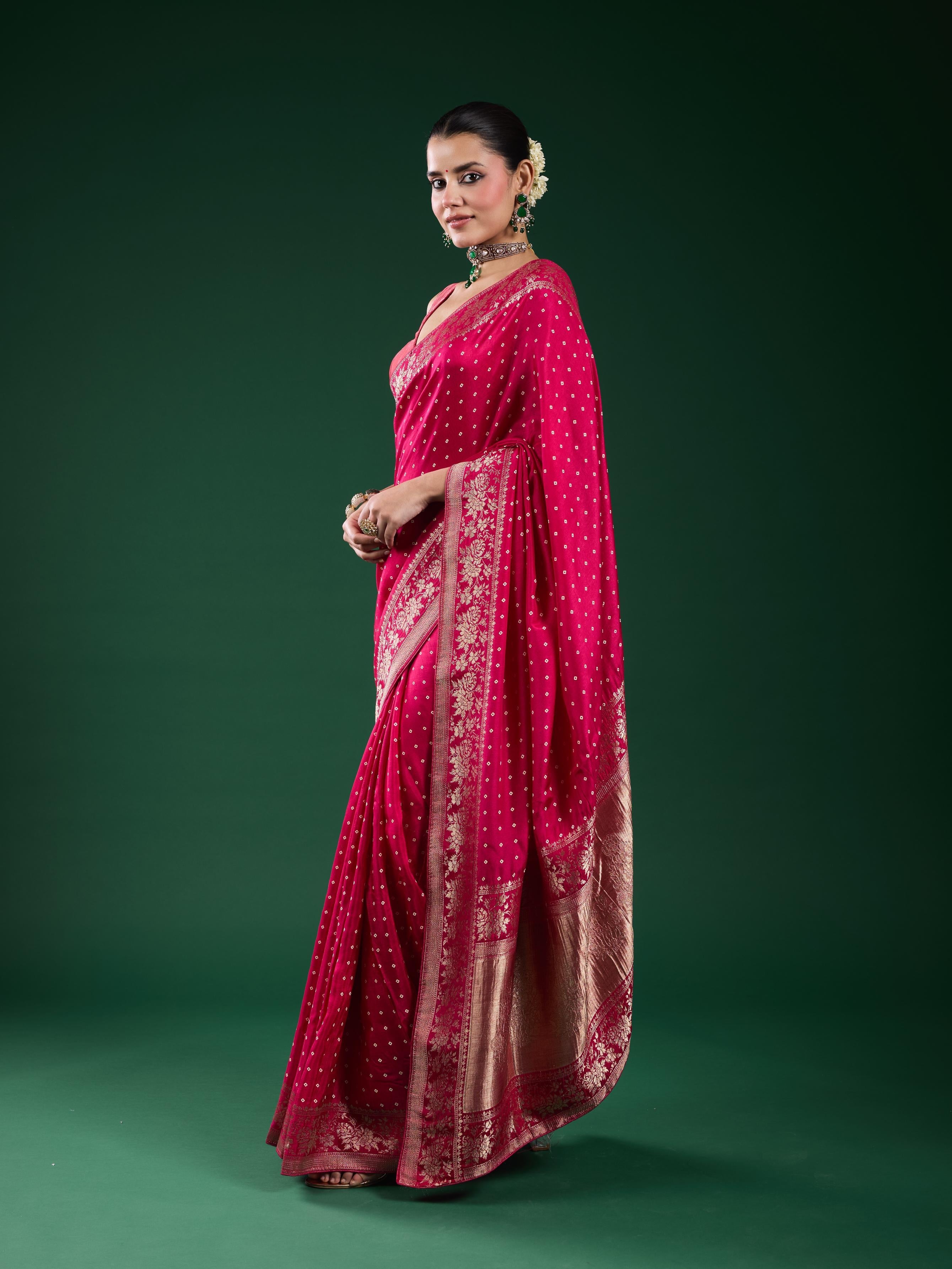 Pink Bandhej Printed Cosmo Silk Saree