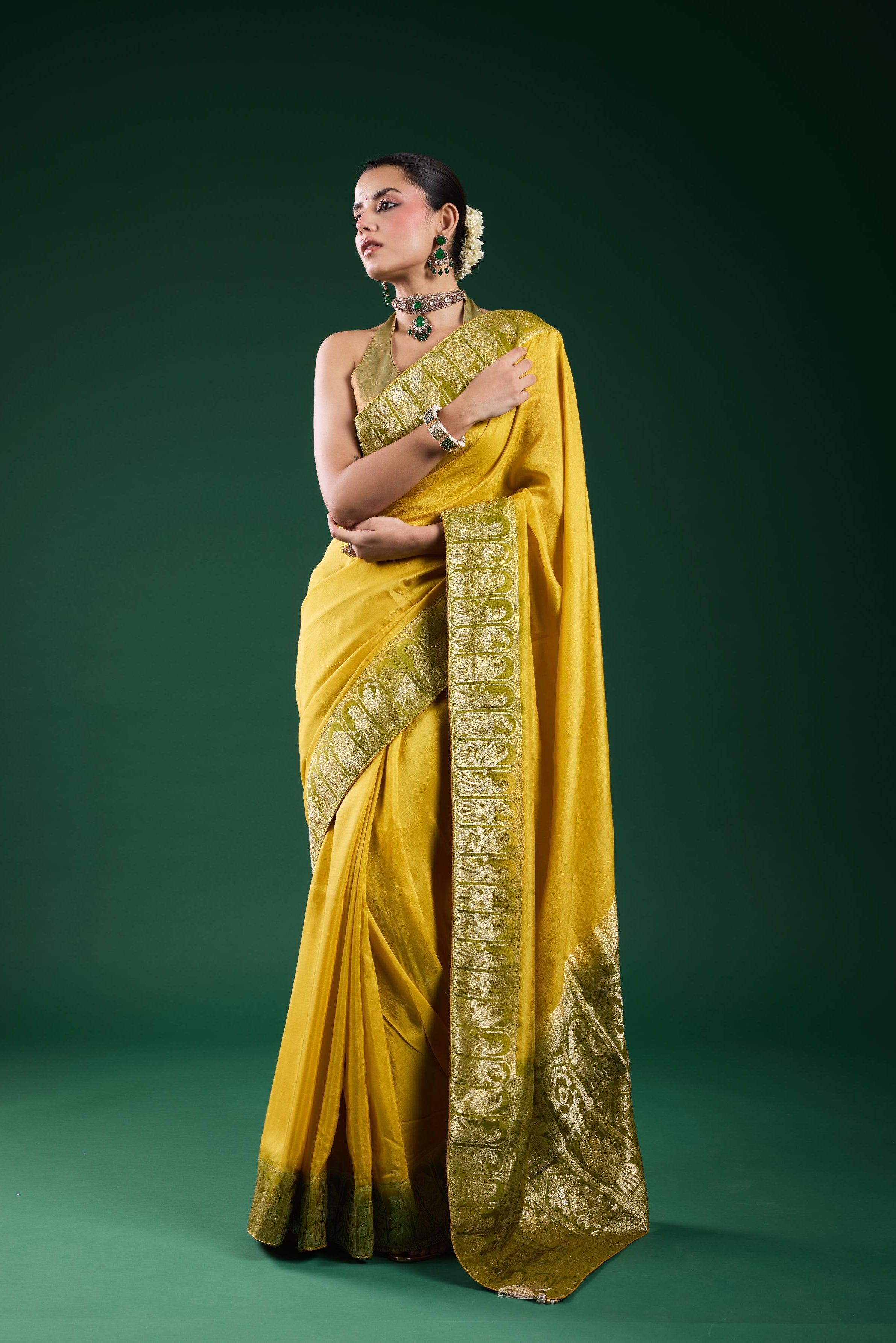 Golden Olive Dola Silk Saree