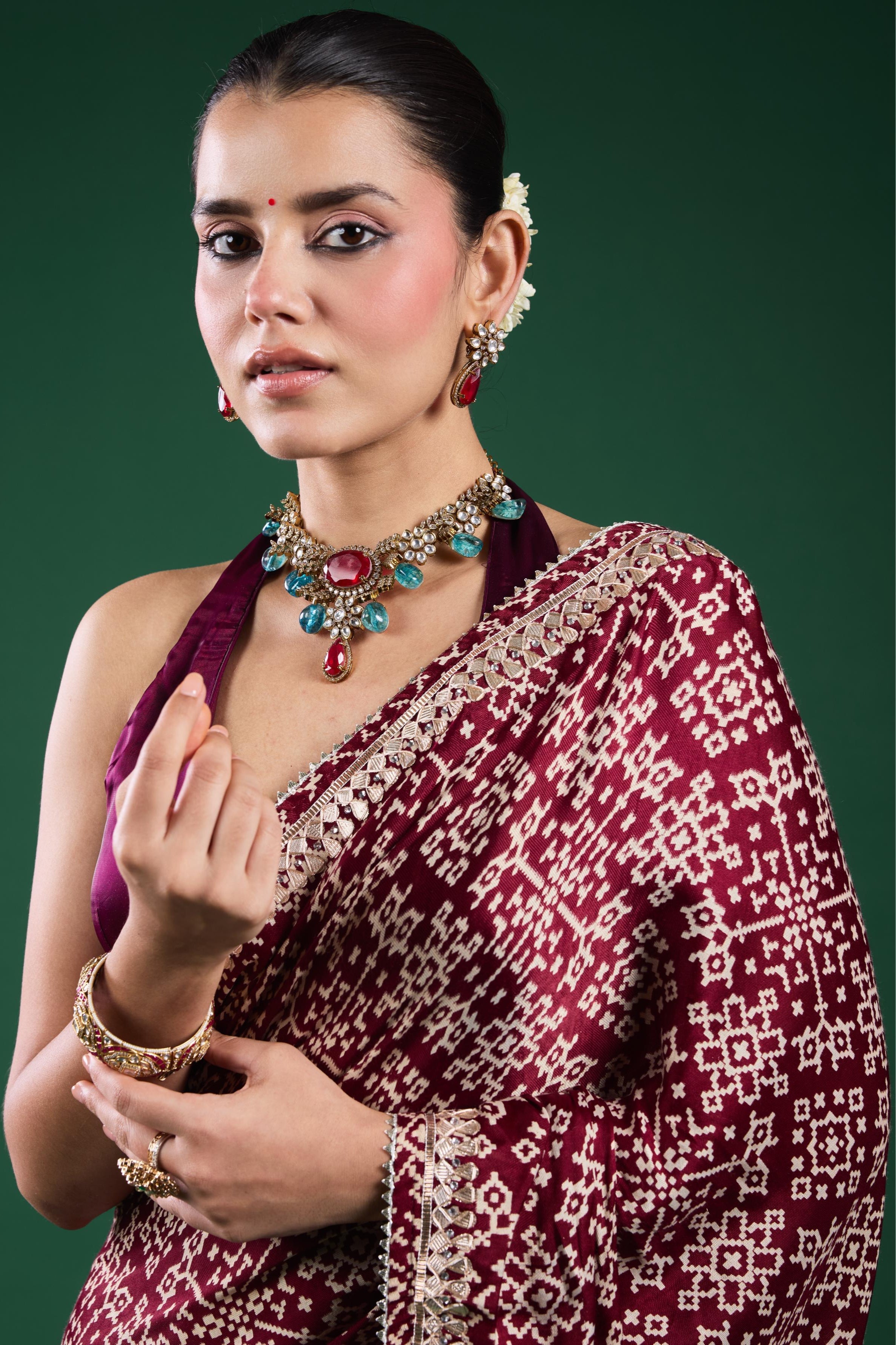 Burgundy Ajrakh Printed Modal Silk Saree