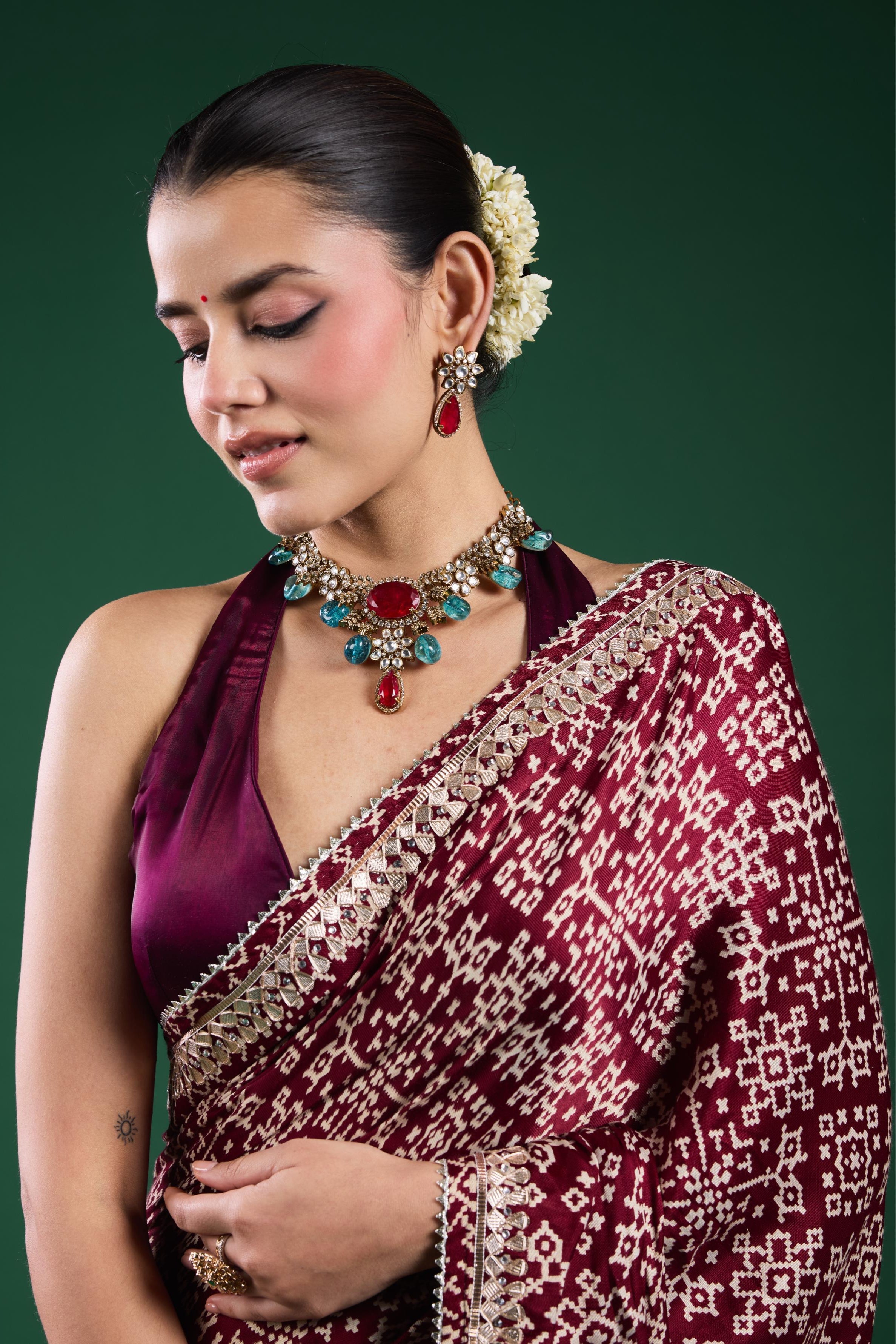 Burgundy Ajrakh Printed Modal Silk Saree