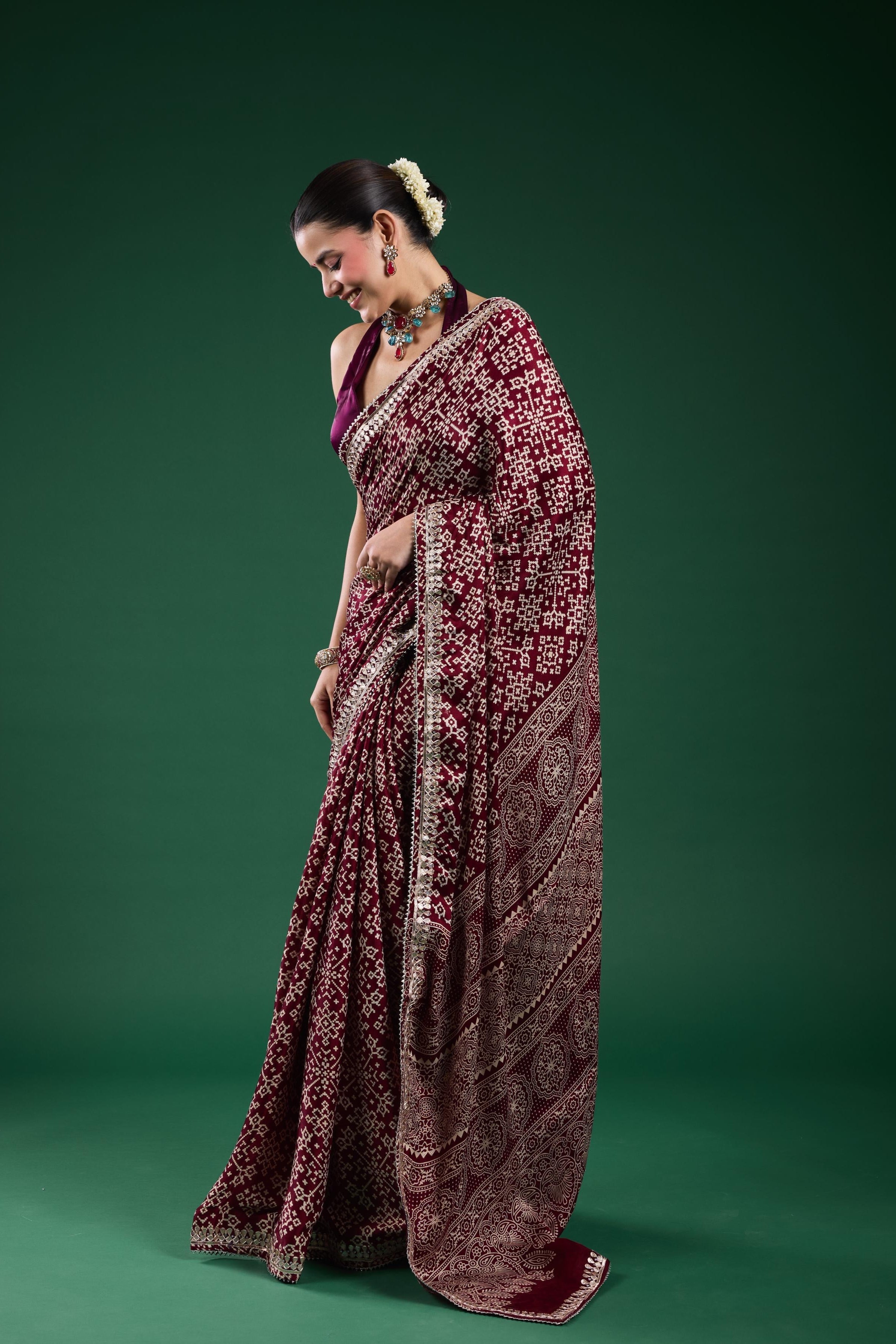 Burgundy Ajrakh Printed Modal Silk Saree