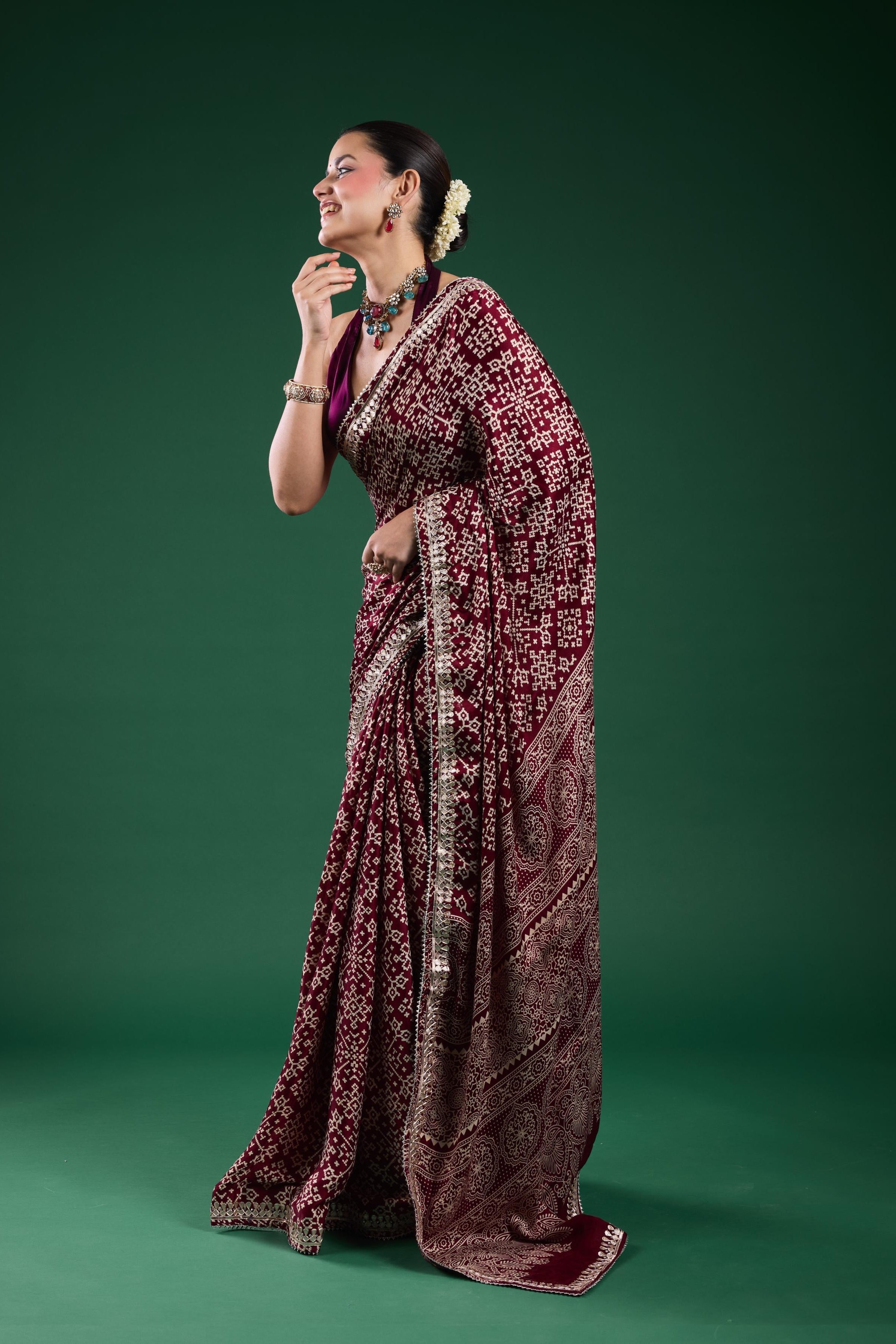 Burgundy Ajrakh Printed Modal Silk Saree