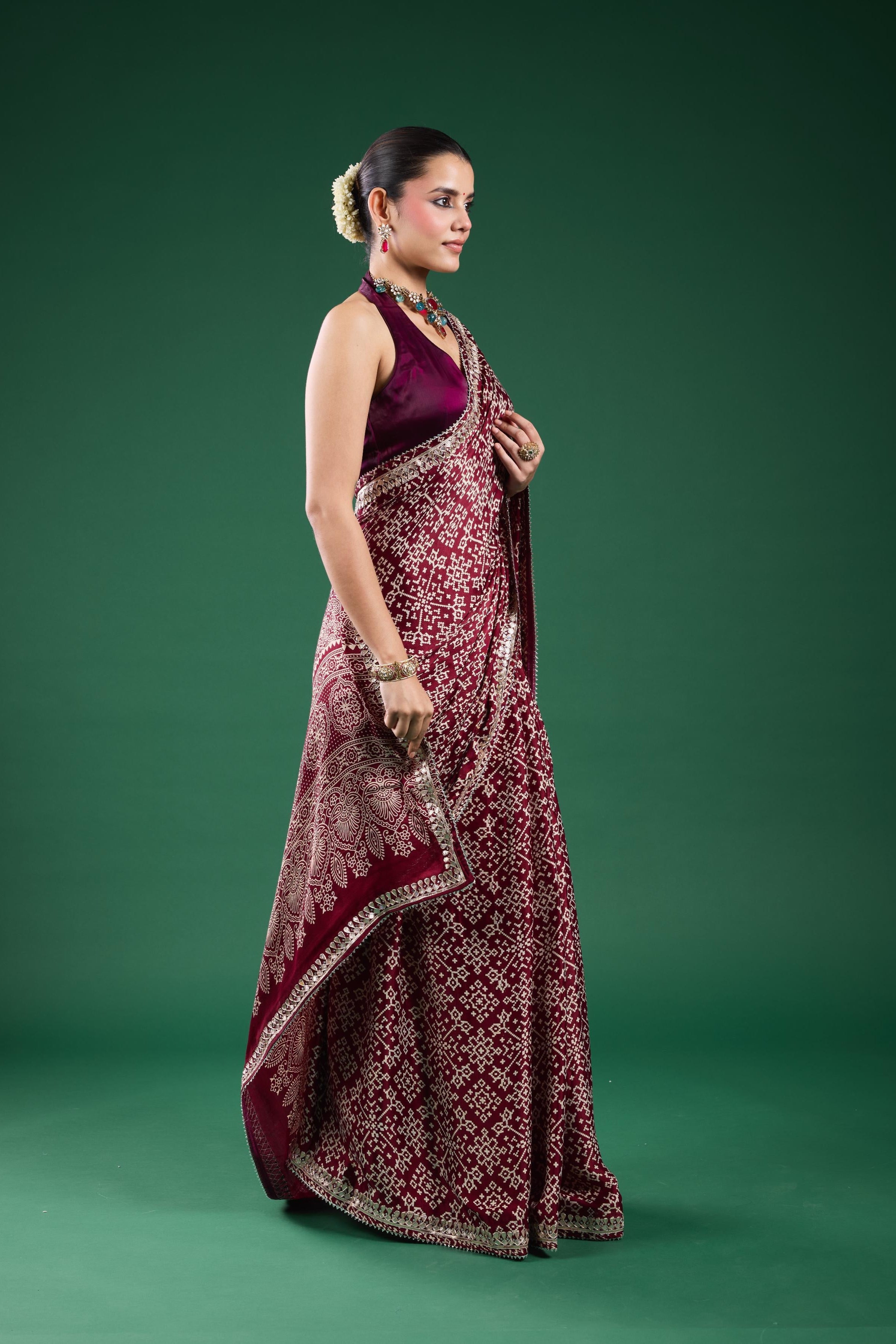 Burgundy Ajrakh Printed Modal Silk Saree