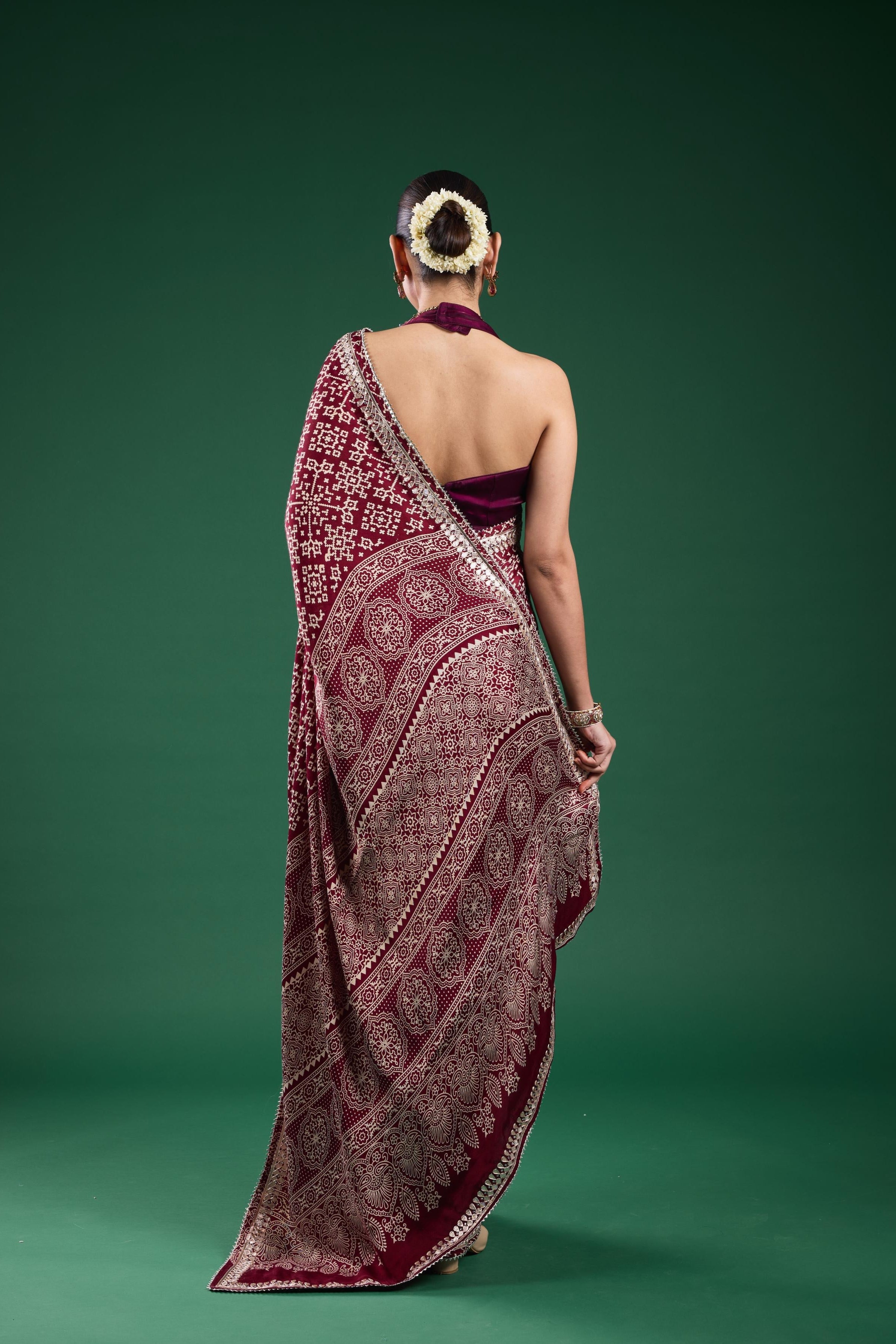 Burgundy Ajrakh Printed Modal Silk Saree