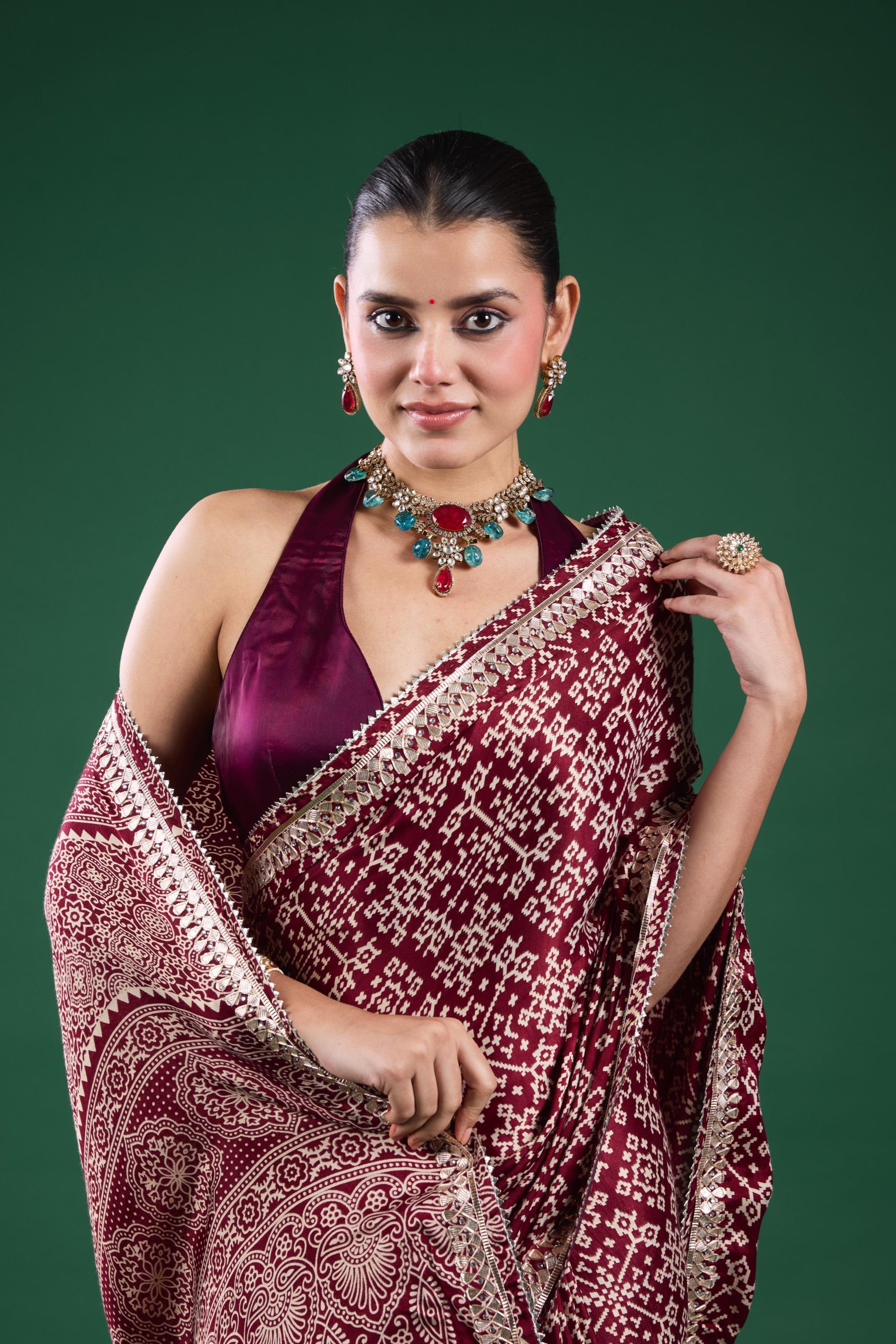 Burgundy Ajrakh Printed Modal Silk Saree
