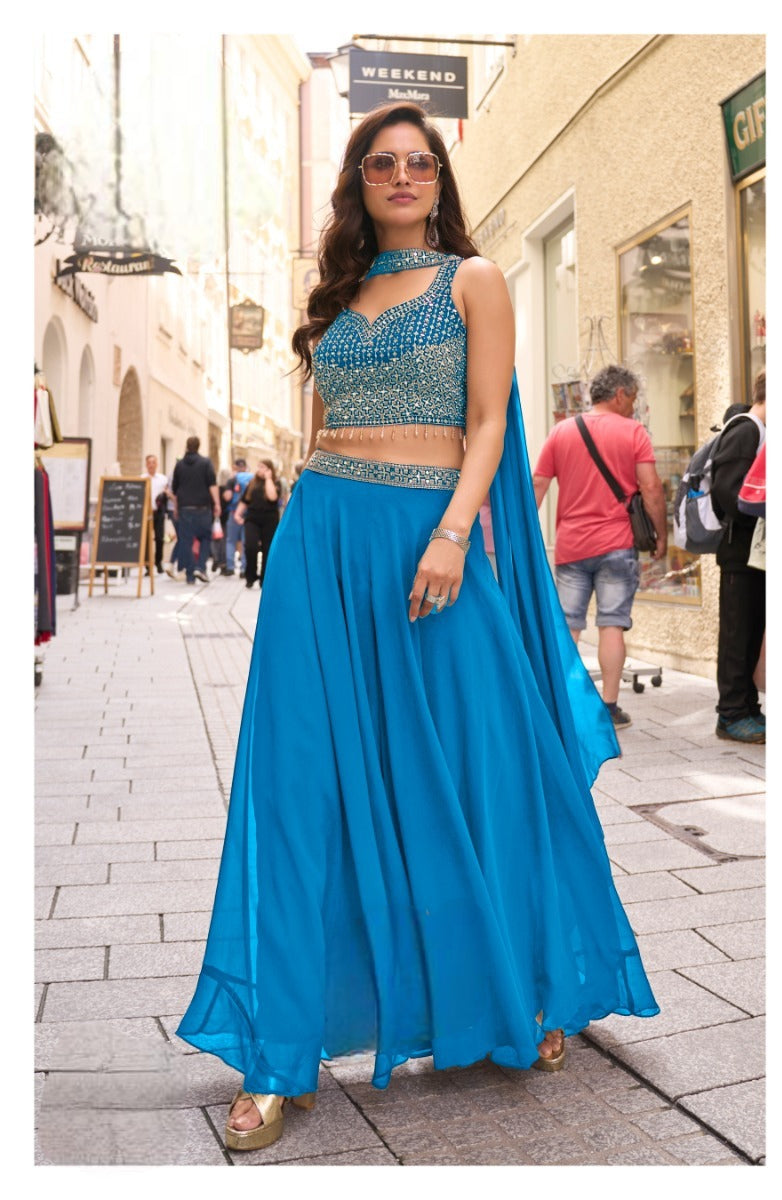 Teal Blue Embellished Georgette Silk Palazzo Set
