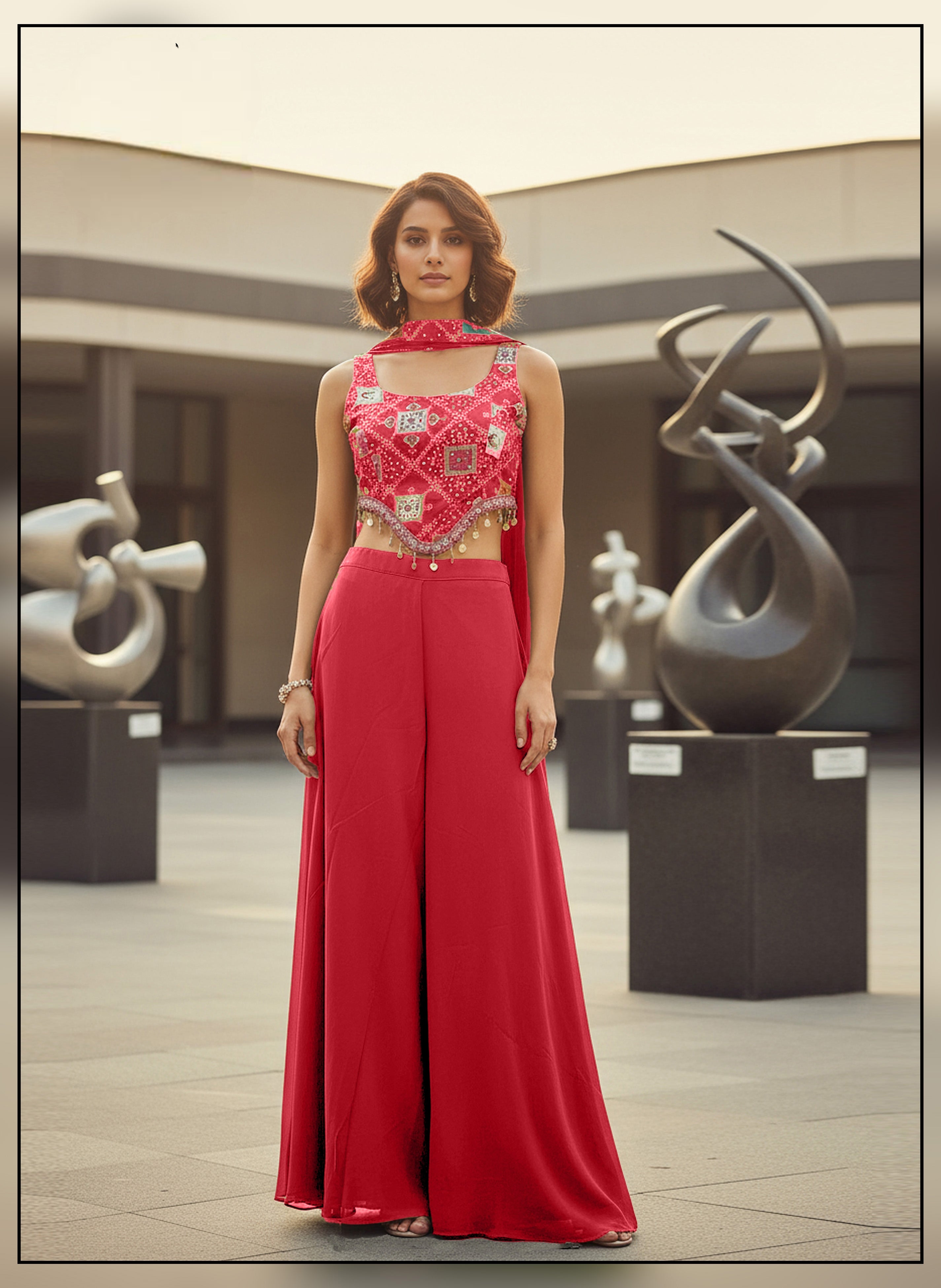 Hot Pink Embellished Georgette Silk Palazzo Set