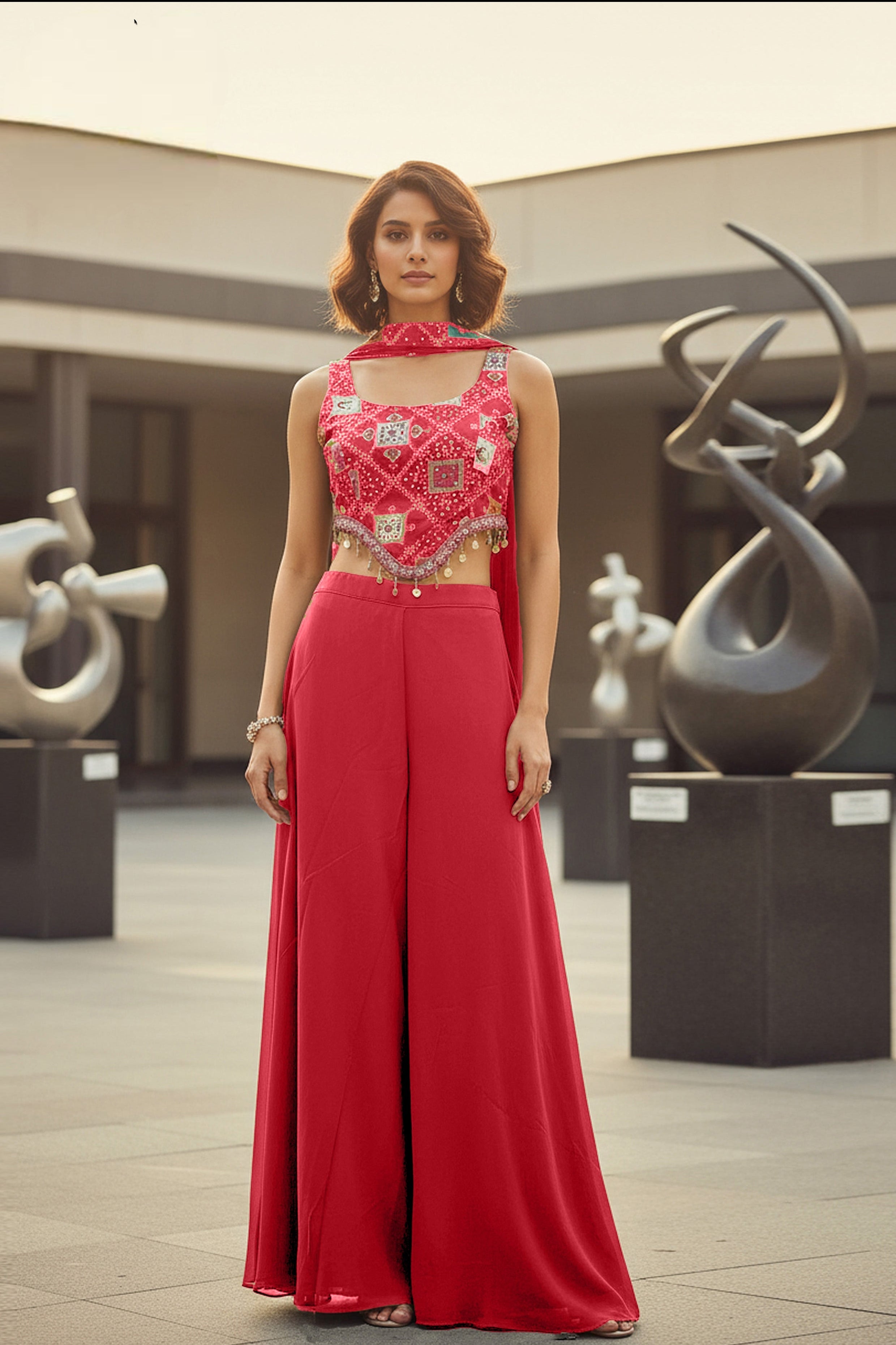 Hot Pink Embellished Georgette Silk Palazzo Set