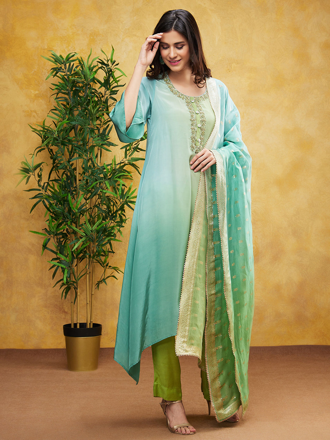 Light Turquoise Ombre-Dyed Spanish Silk Pants Set