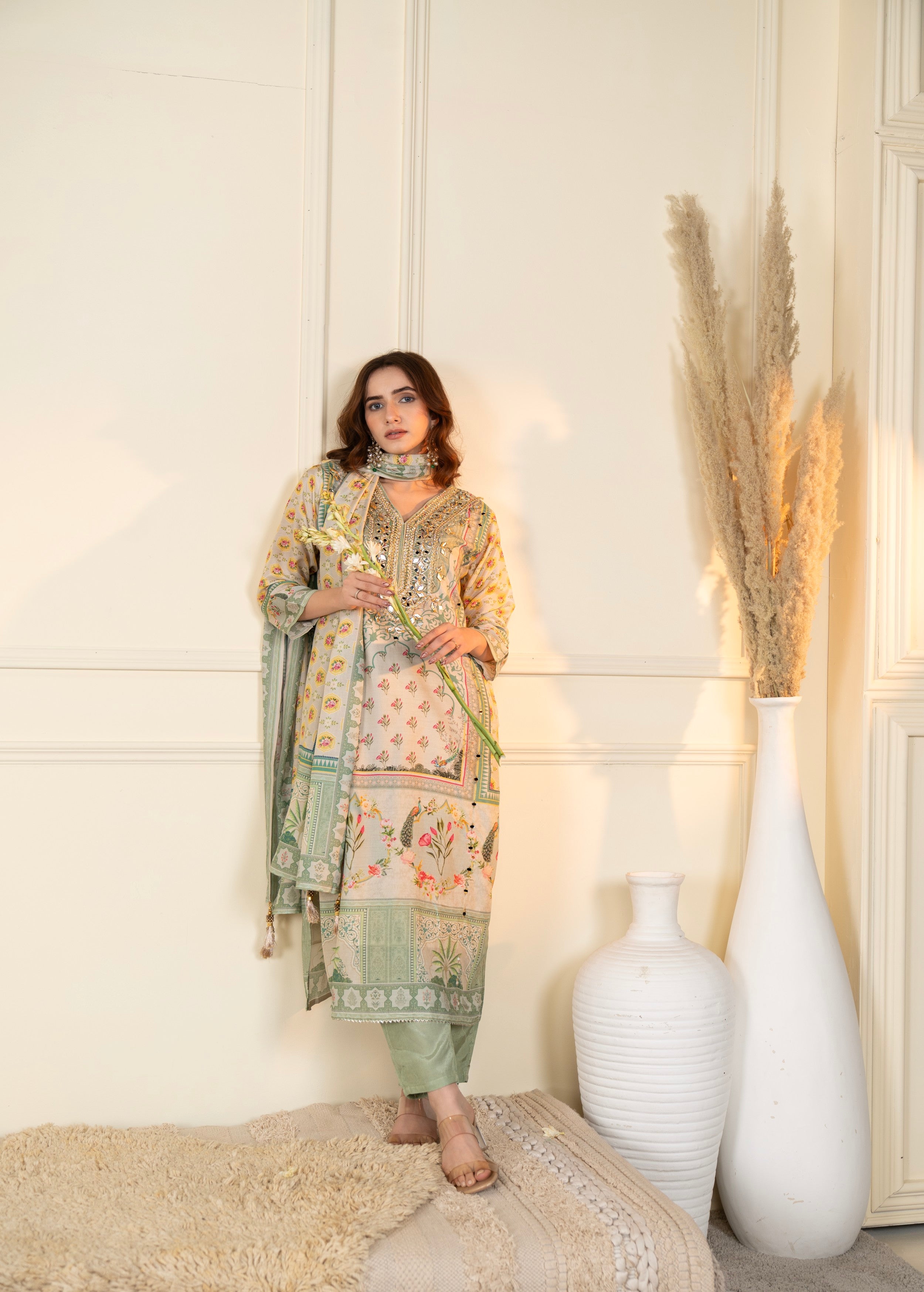 Mint Green Embellished Muslin Silk Pant Set