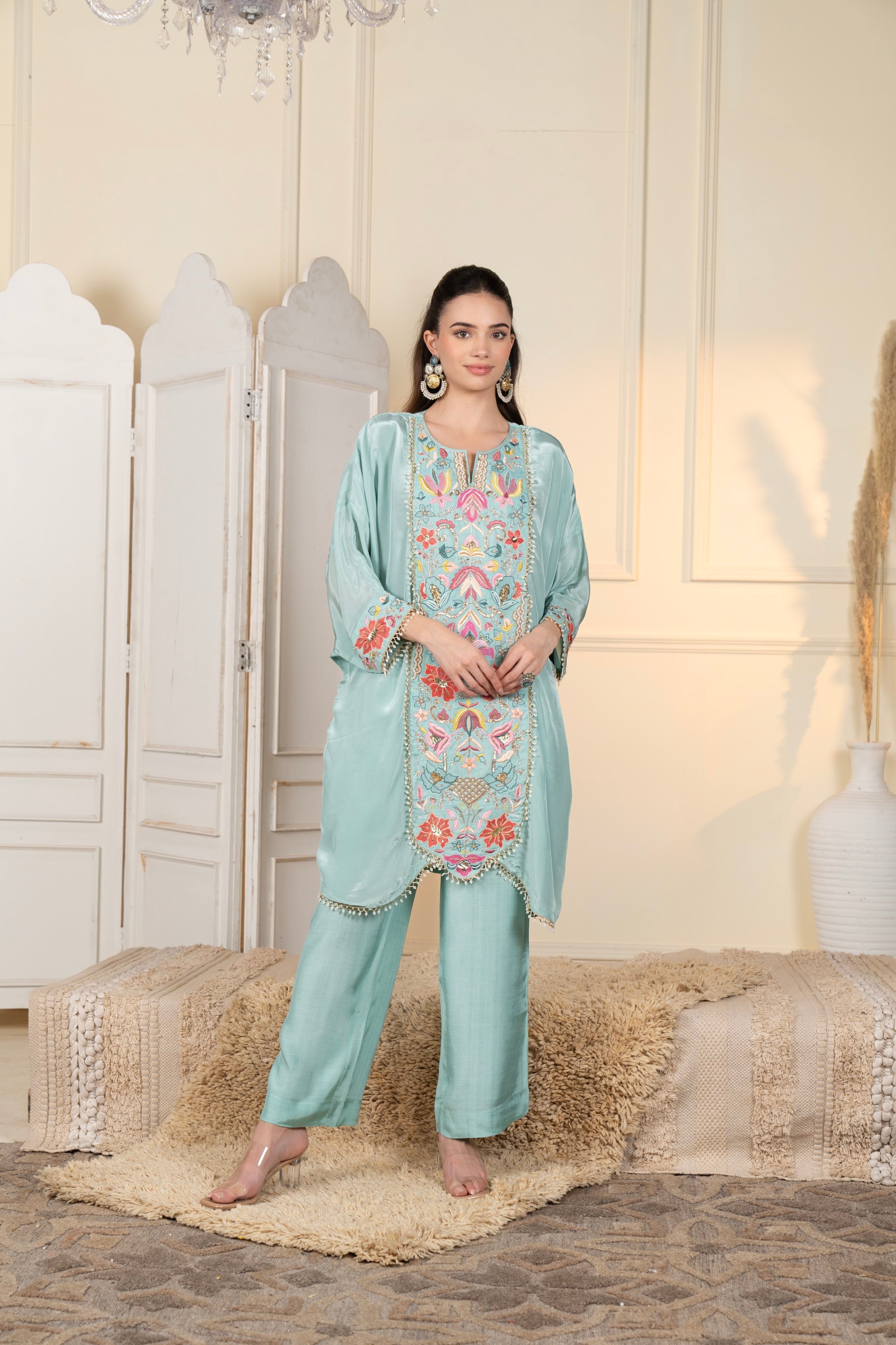 Seafoam Green Embellished Crepe Silk Co-Ord Set