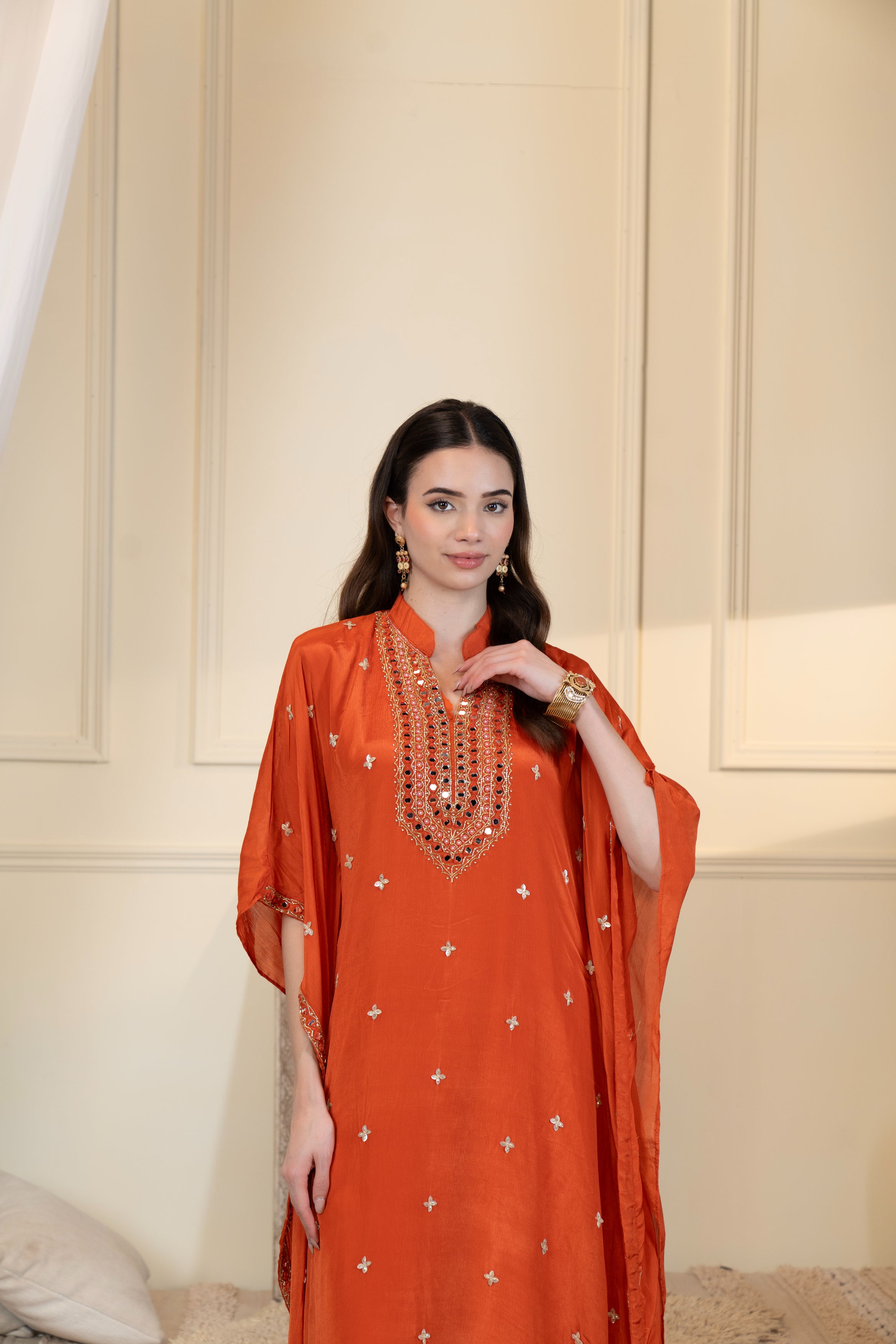 Marigold Muse Embellished Crepe Silk Kaftan Set