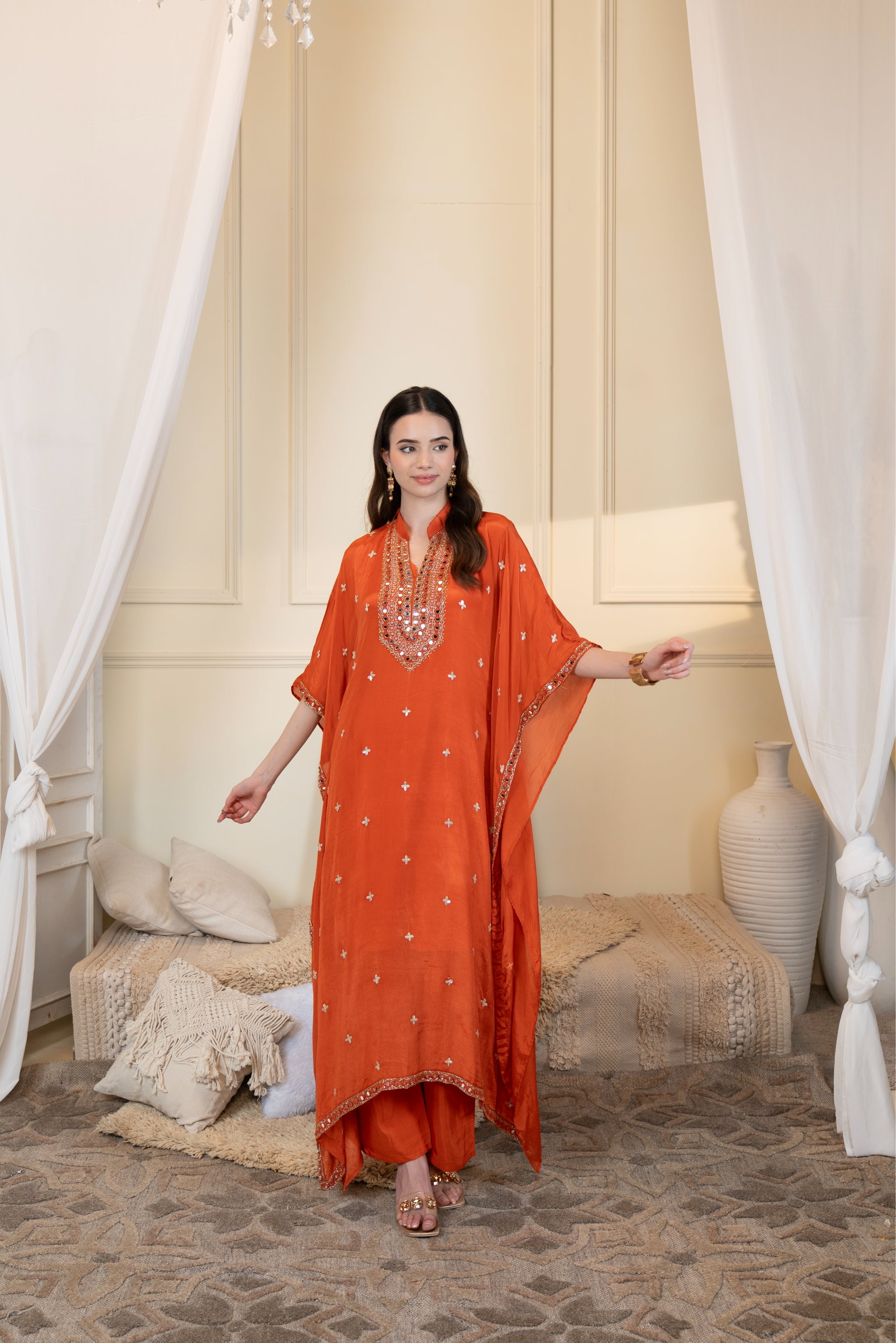 Marigold Muse Embellished Crepe Silk Kaftan Set