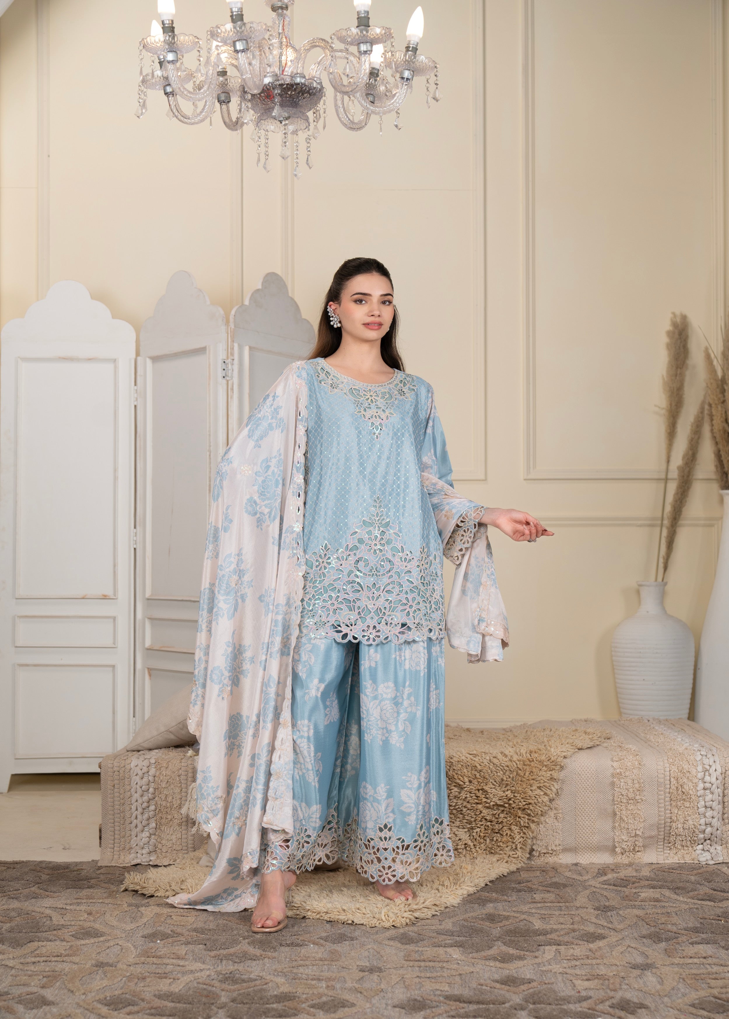 Ice Blue Embellished Crepe Silk Palazzo Set