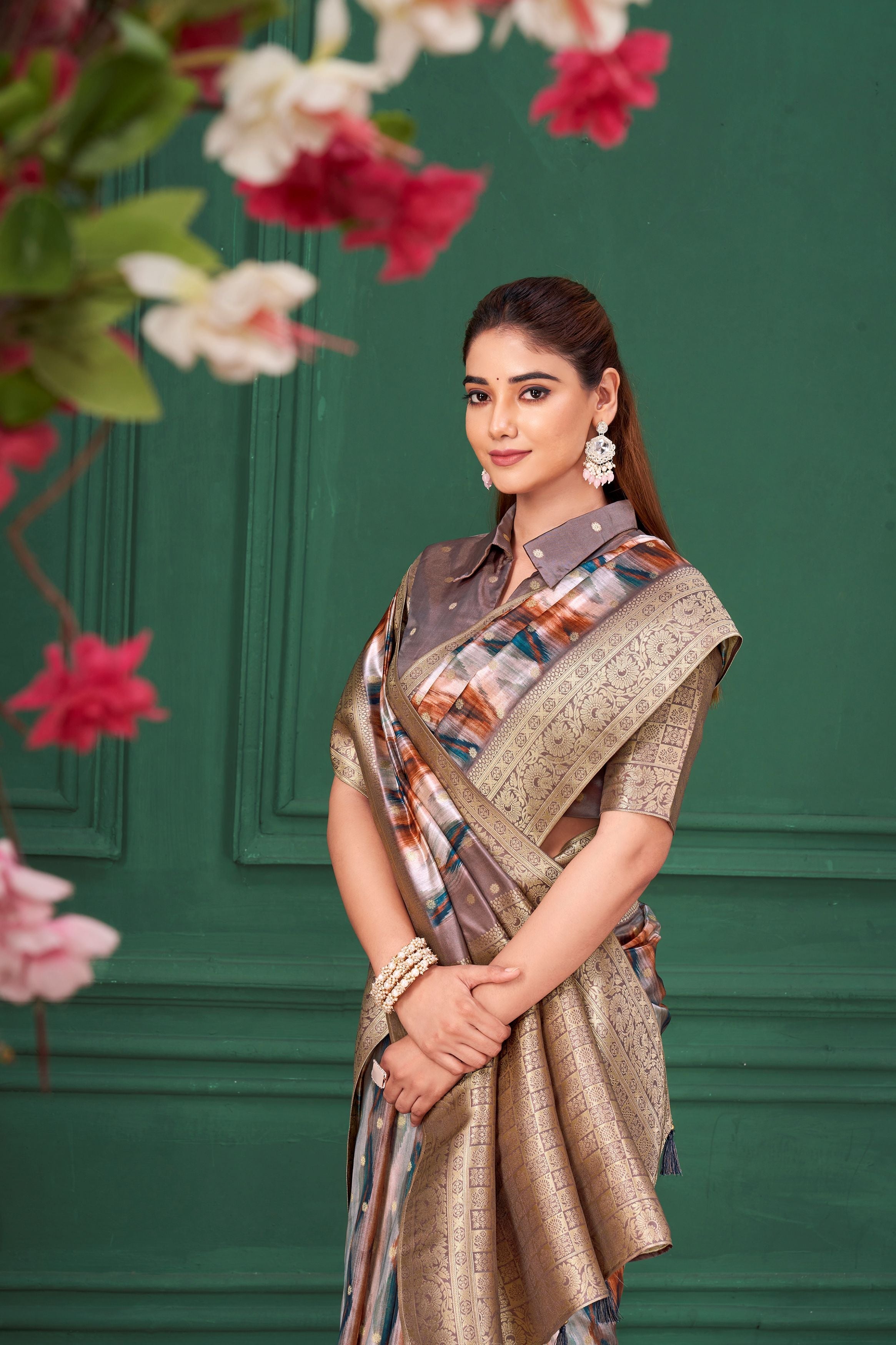 Multicolor Digital Printed Tussar Silk Saree