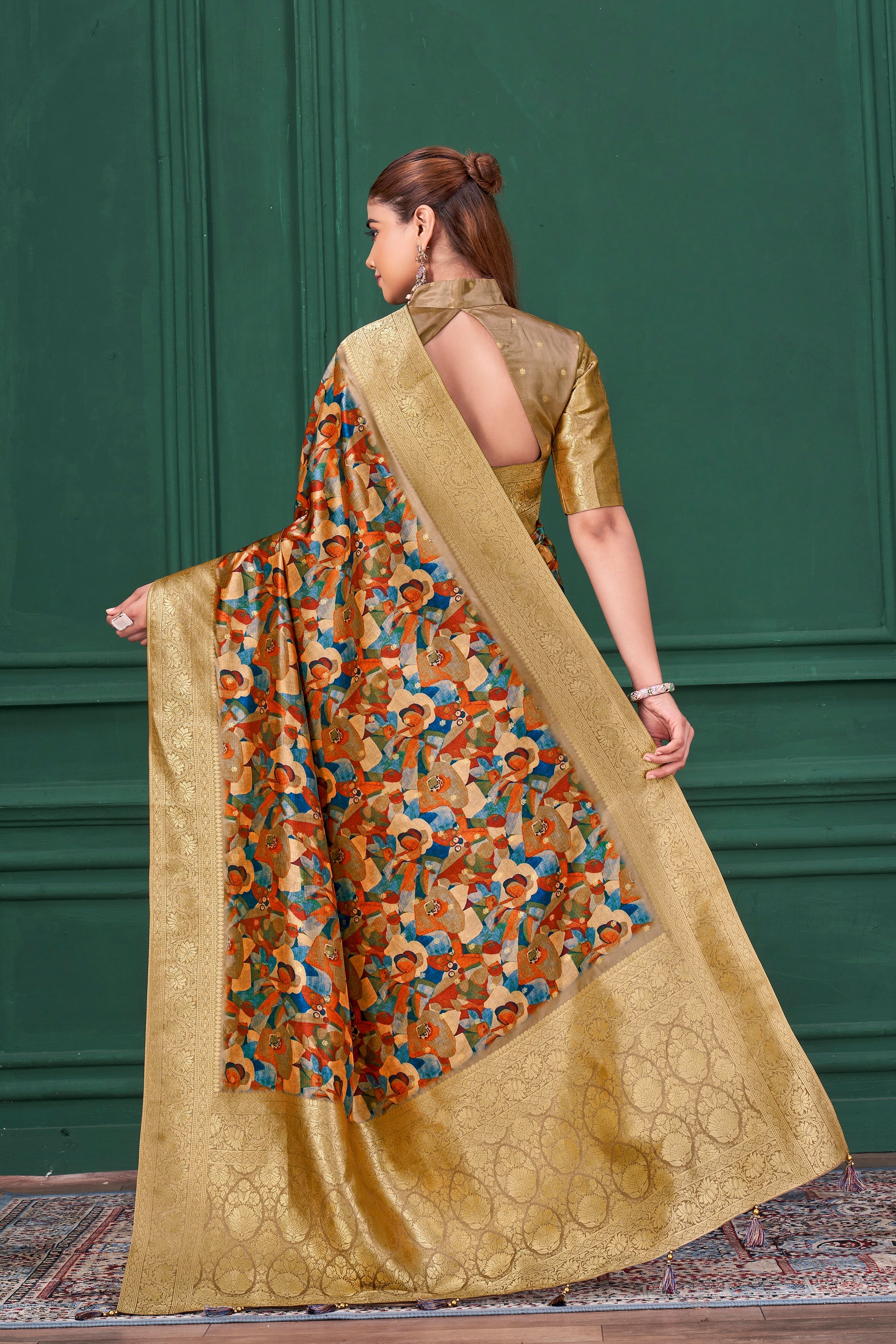 Multicolor Digital Printed Tussar Silk Saree