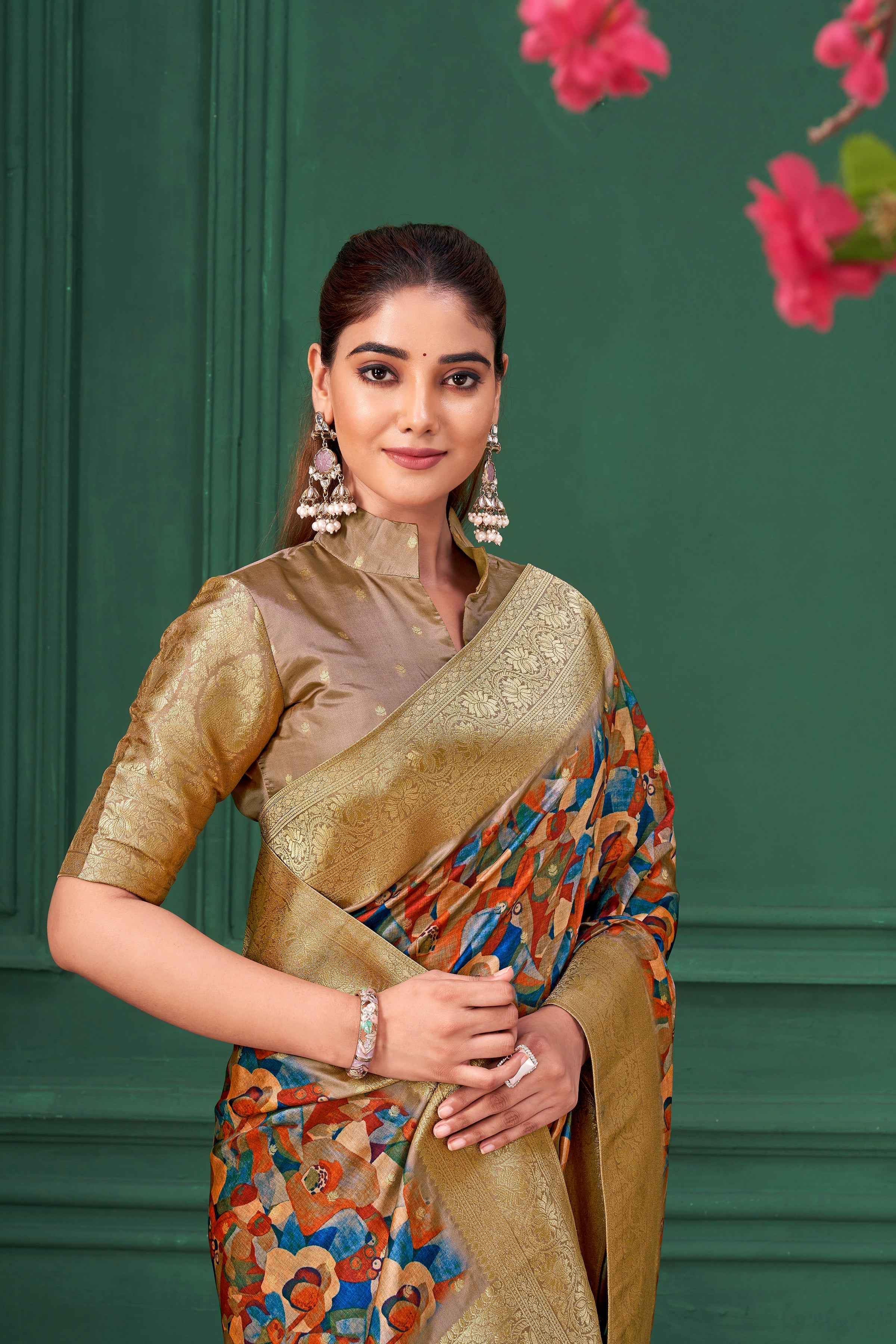 Multicolor Digital Printed Tussar Silk Saree