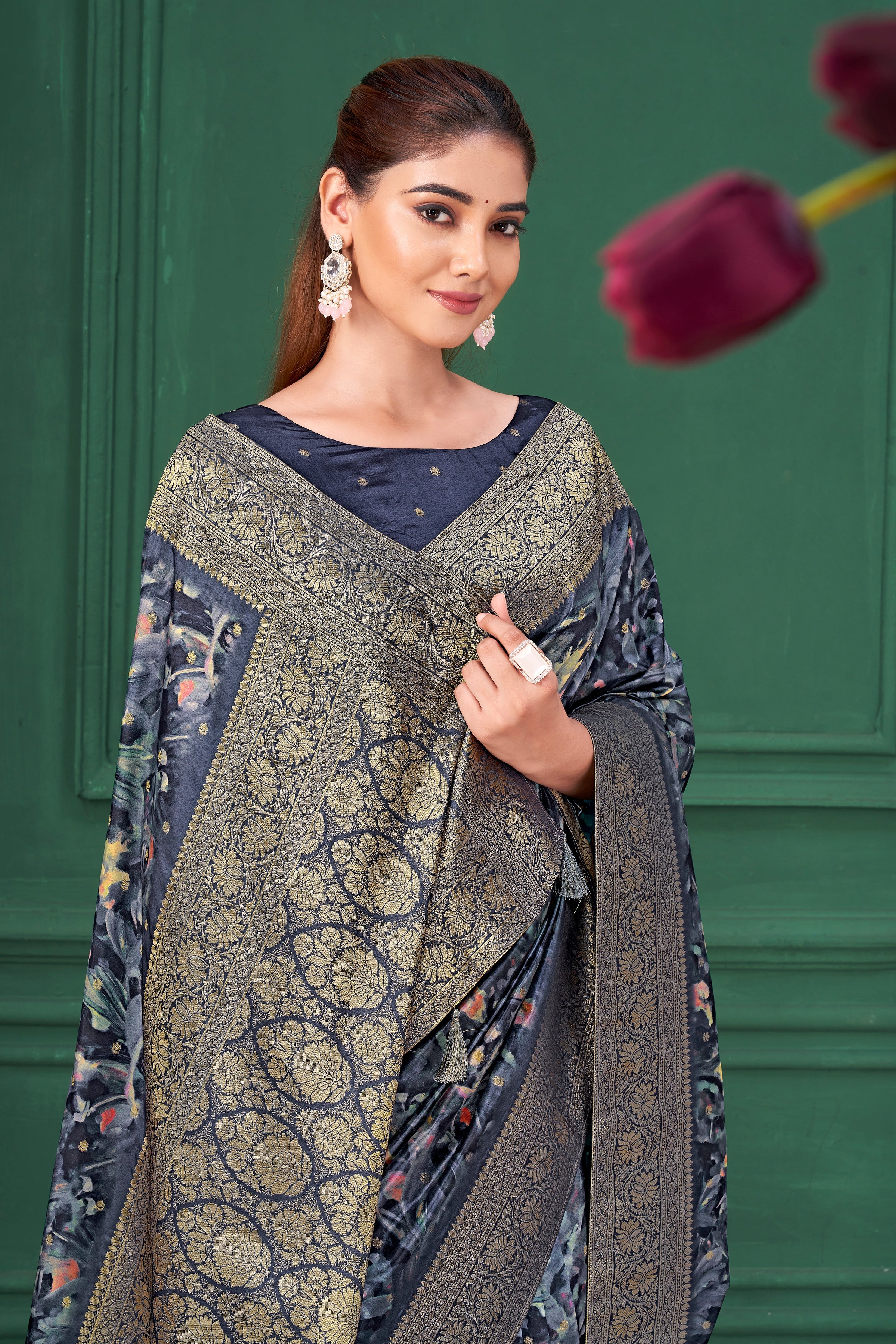 Blue Digital Printed Tussar Silk Saree