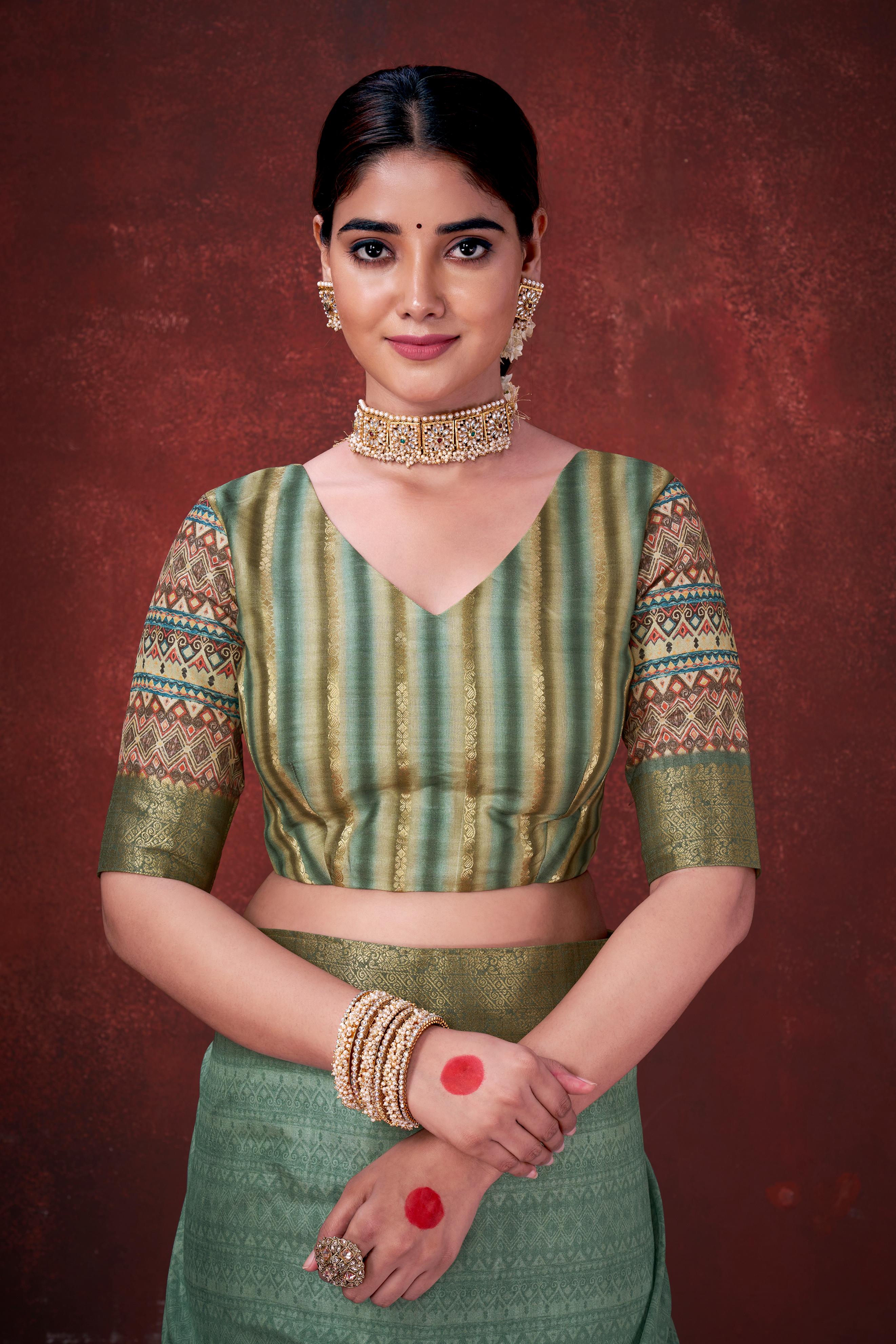 Green Premium Silk Saree with Foil Floral Print