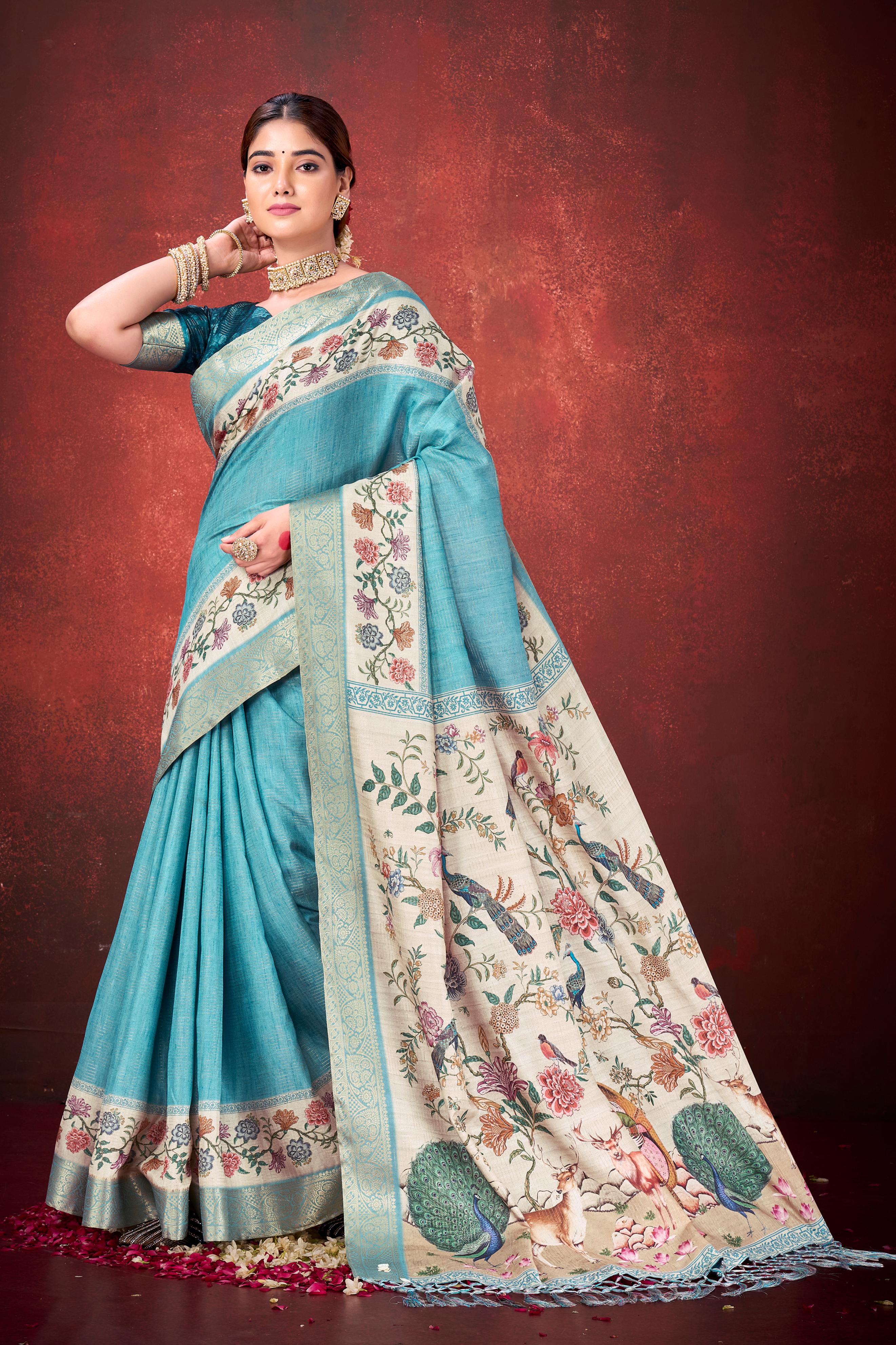 Rama Kantha Zari Silk Saree with Printed Pallu