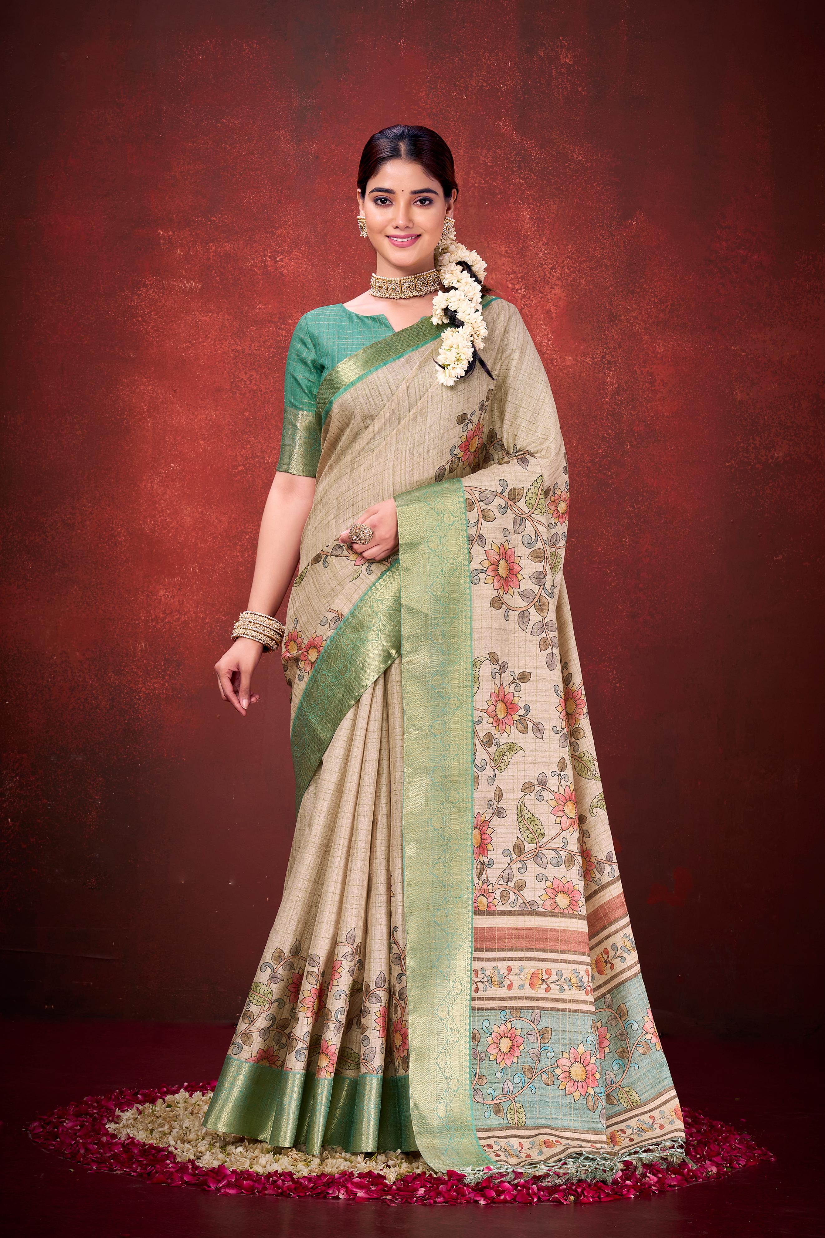 Cream Mulbery Jacquard Silk Printed Saree