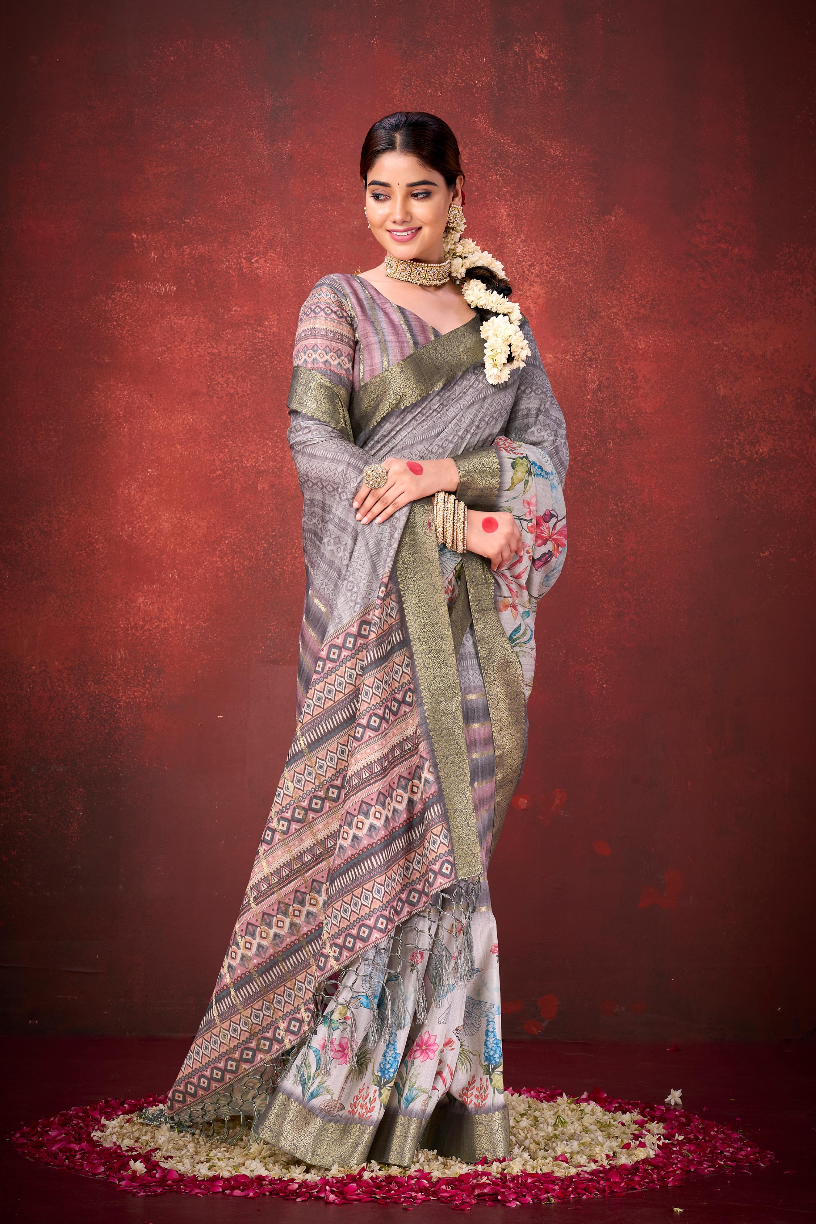 Grey Muga Silk Printed Saree