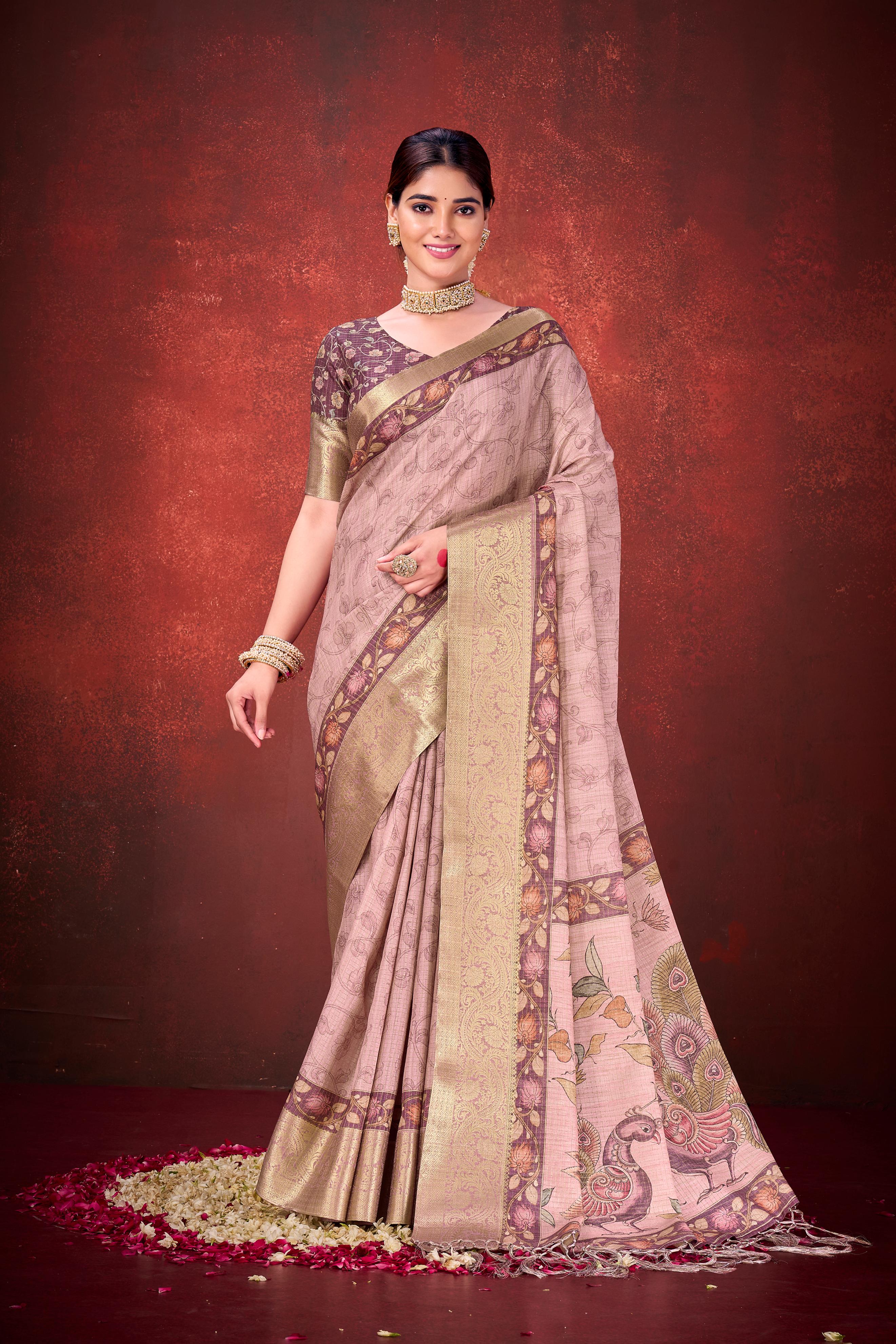 Blush Pink Cora Check Silk Printed Saree