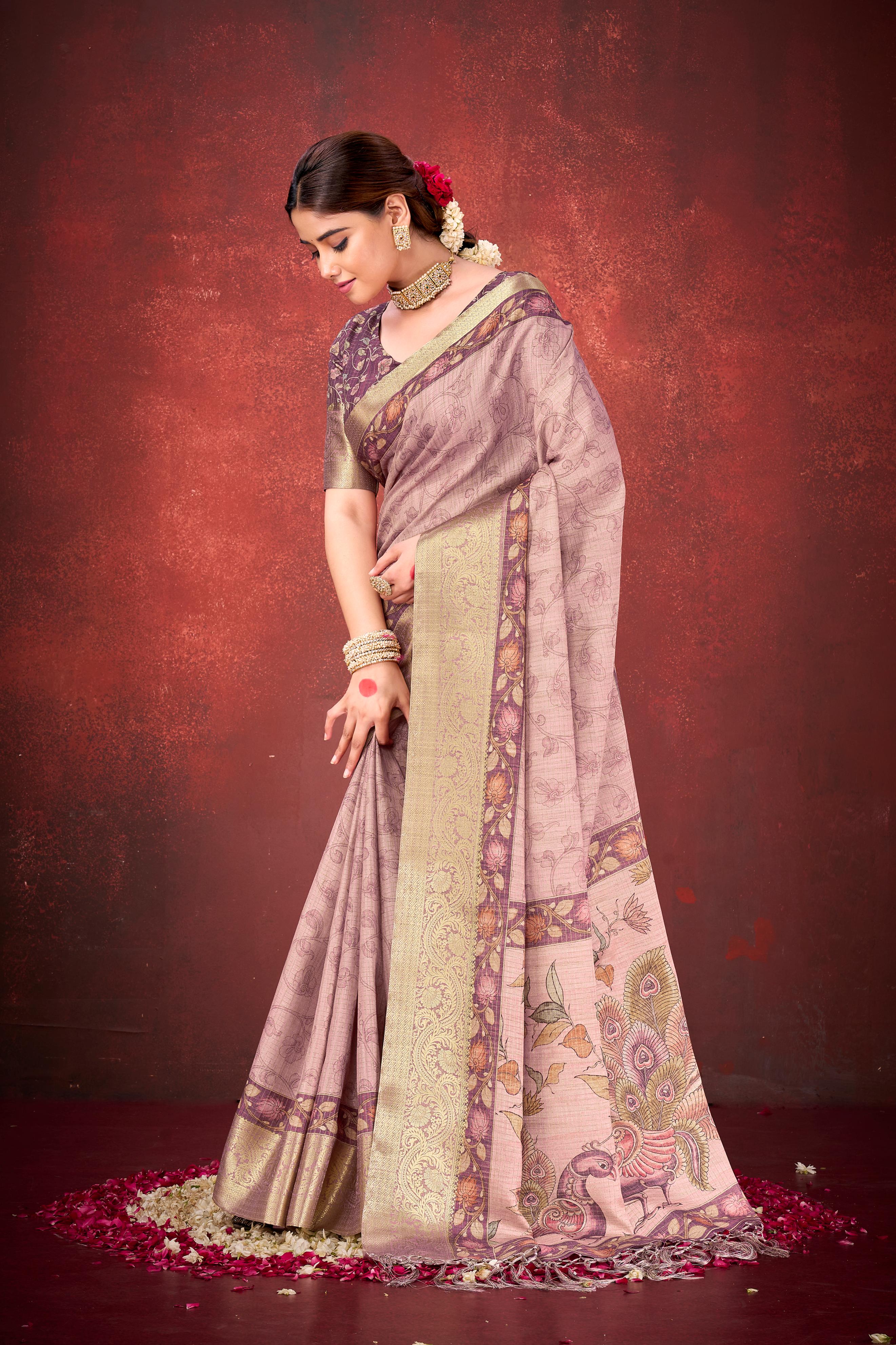 Blush Pink Cora Check Silk Printed Saree
