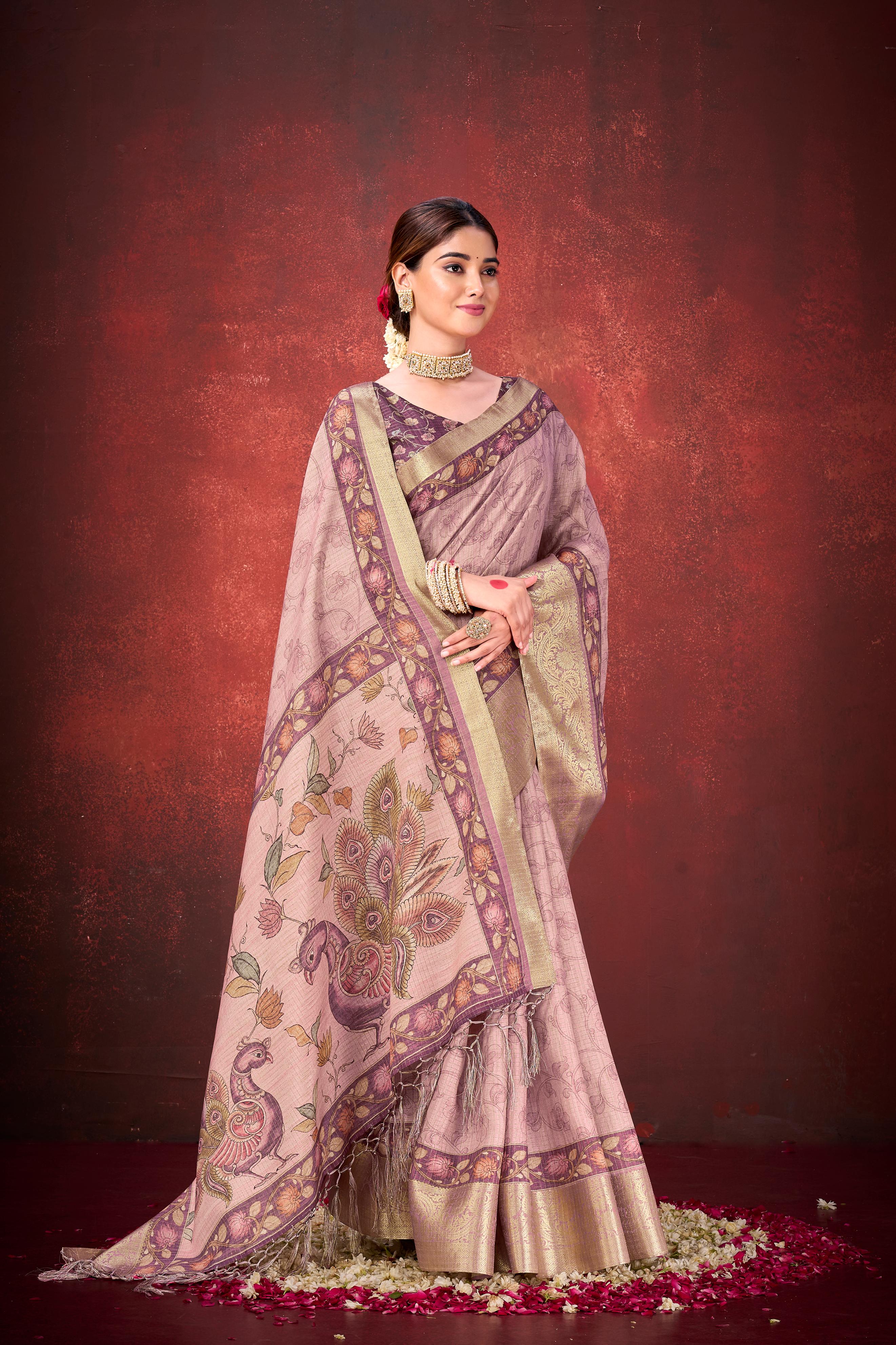 Blush Pink Cora Check Silk Printed Saree
