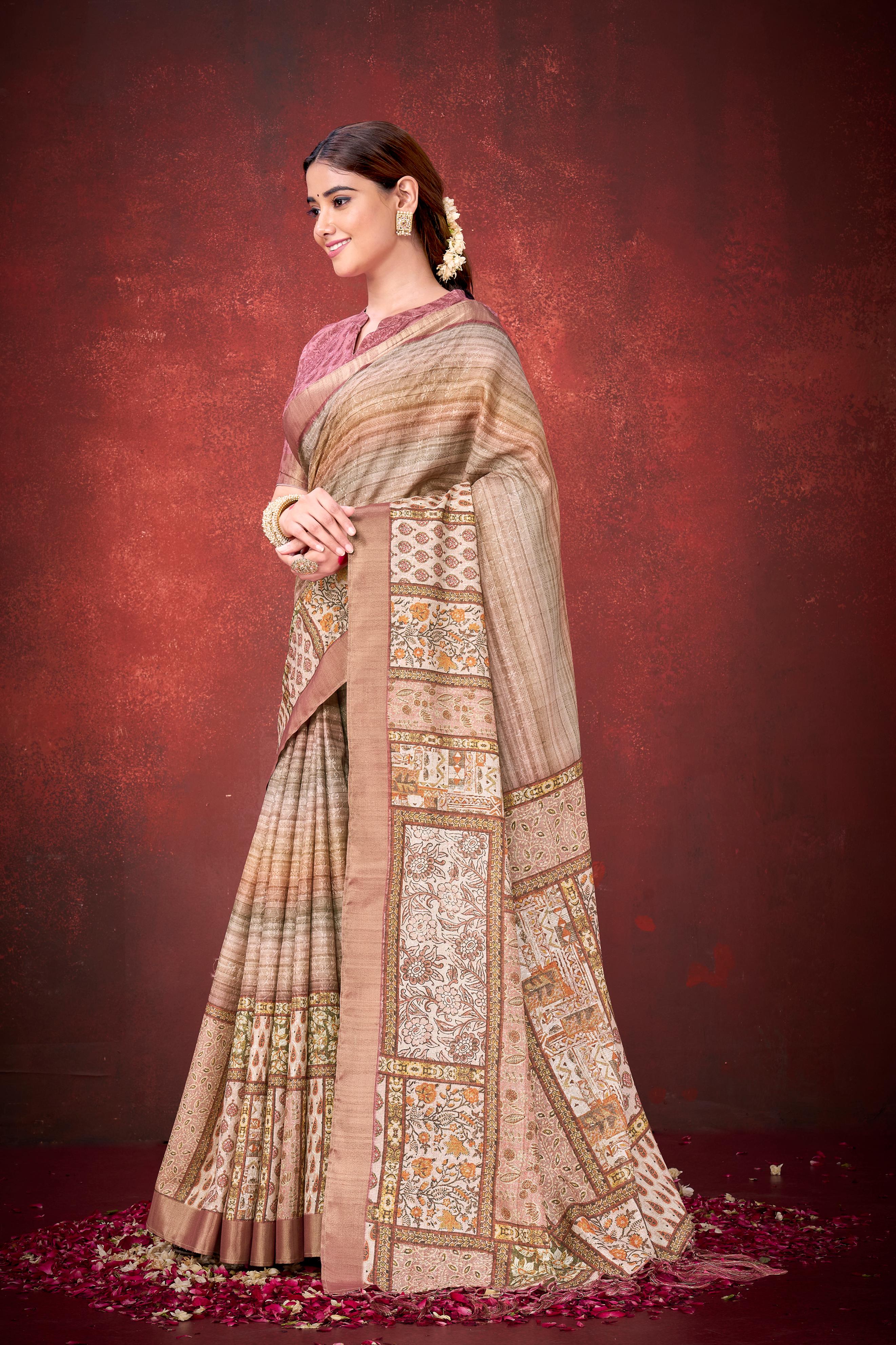 Mauve Pink Spun Silk Printed Saree