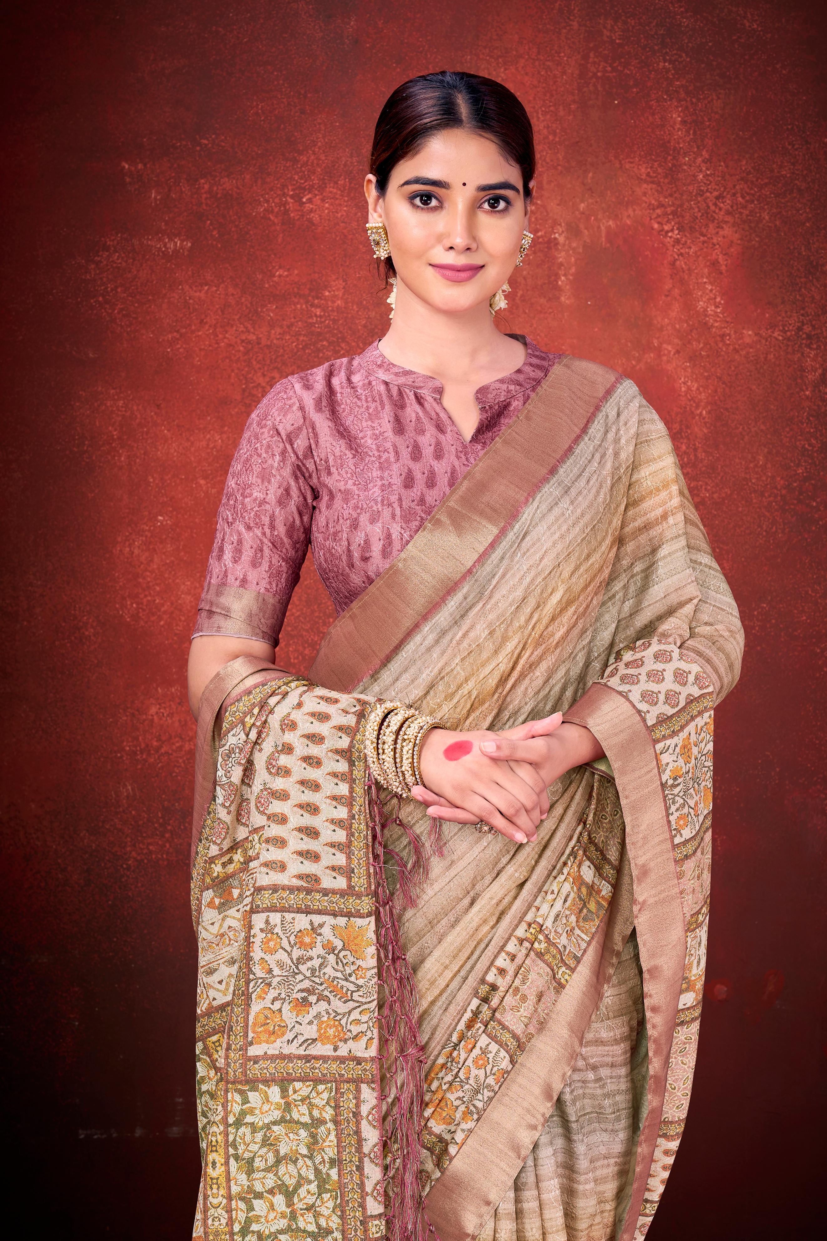 Mauve Pink Spun Silk Printed Saree