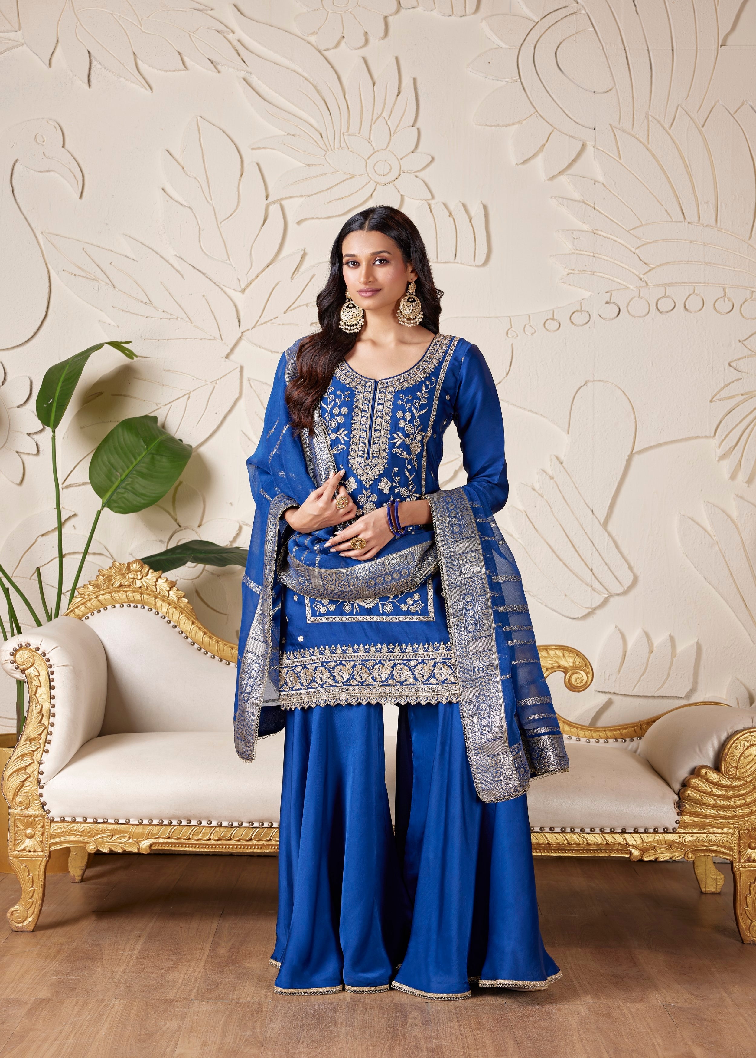 Royal Blue Embellished Premium Silk Palazzo Set