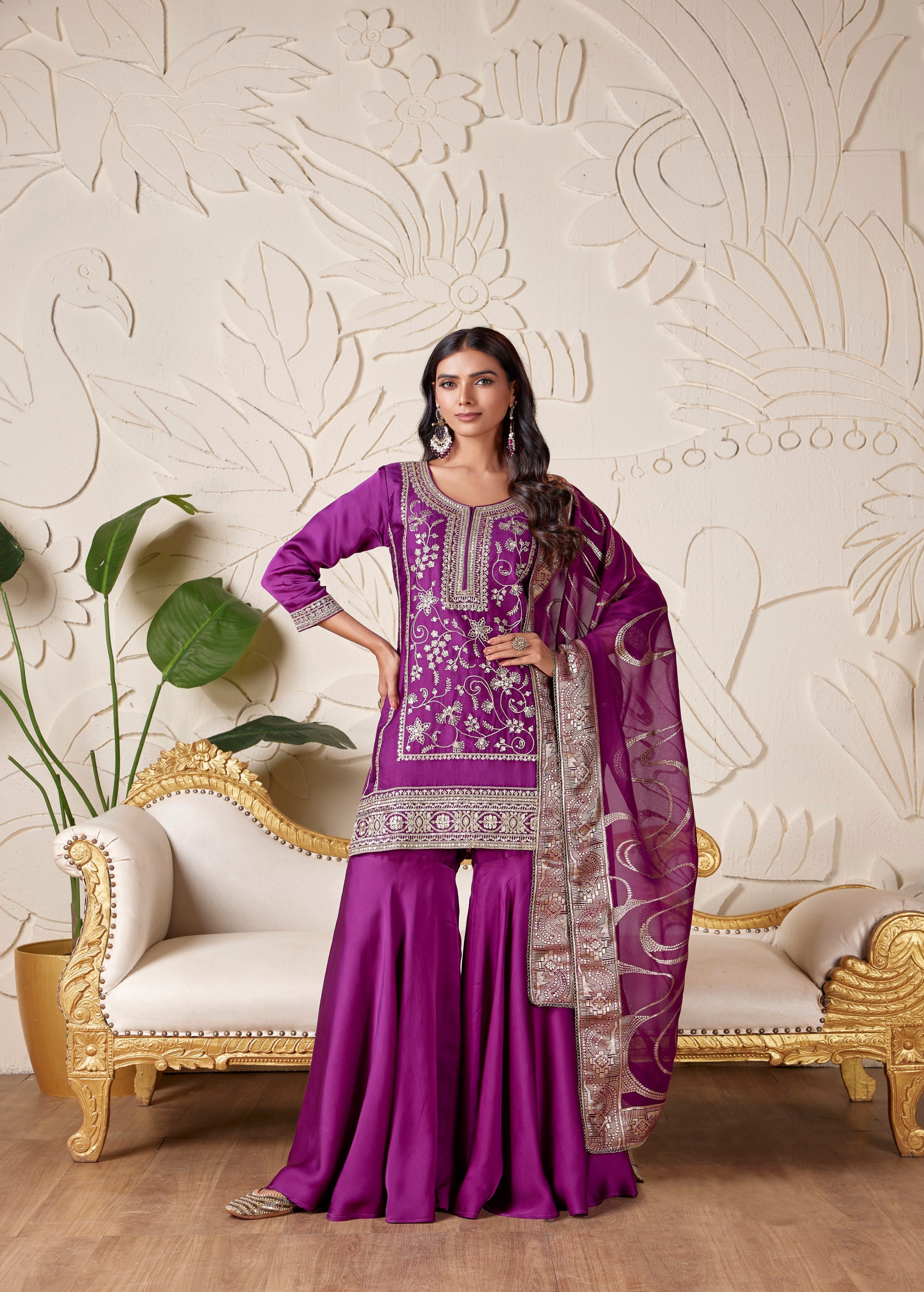 Vivid Purple Embellished Premium Silk Sharara Set