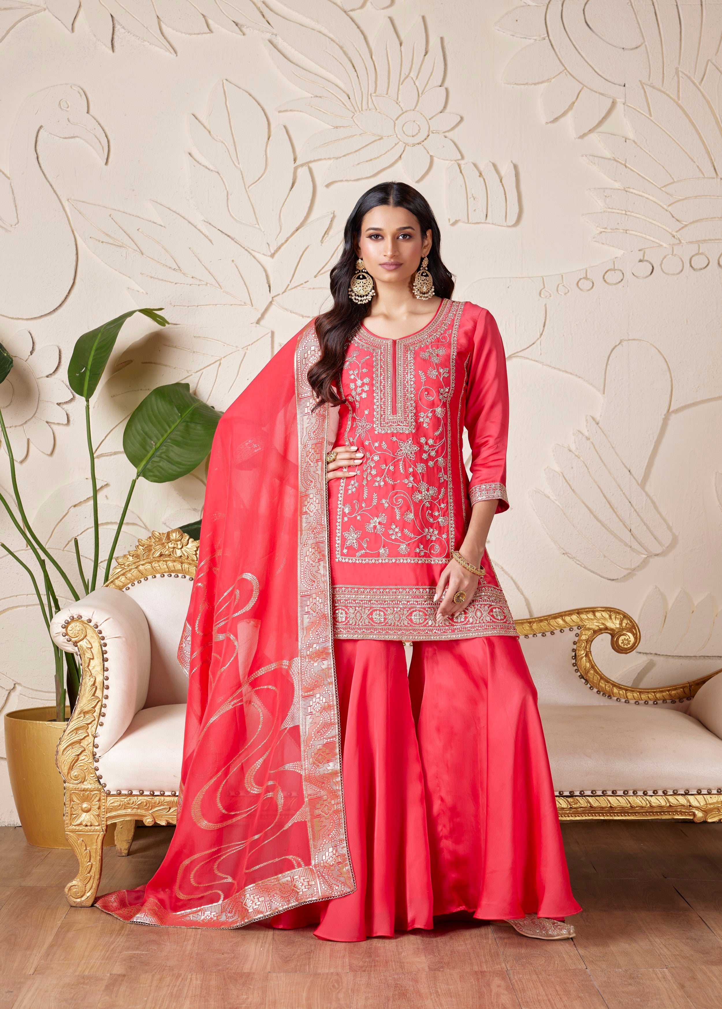 Coral Pink Embellished Premium Silk Sharara Set