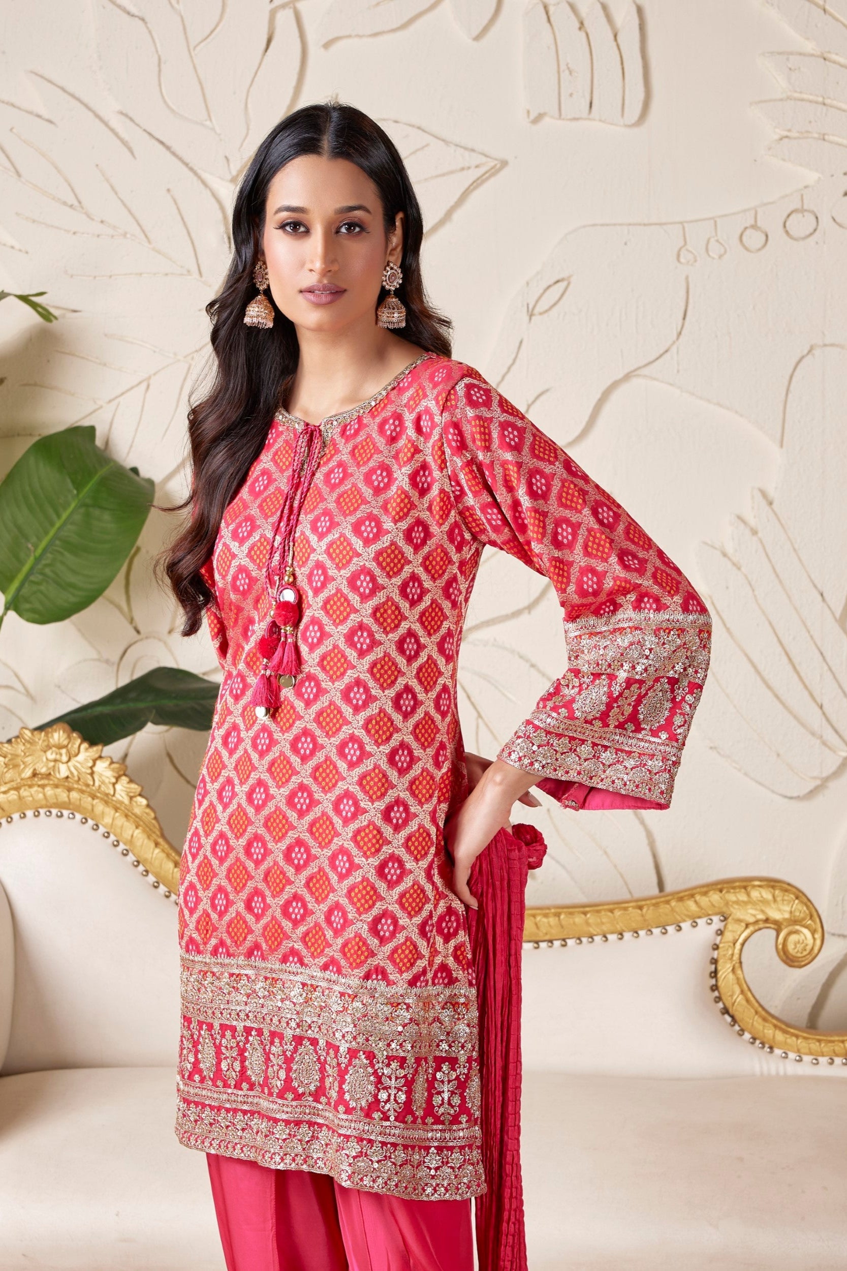 Crimson Red Embellished Brocade Banarasi Silk Dhoti Set